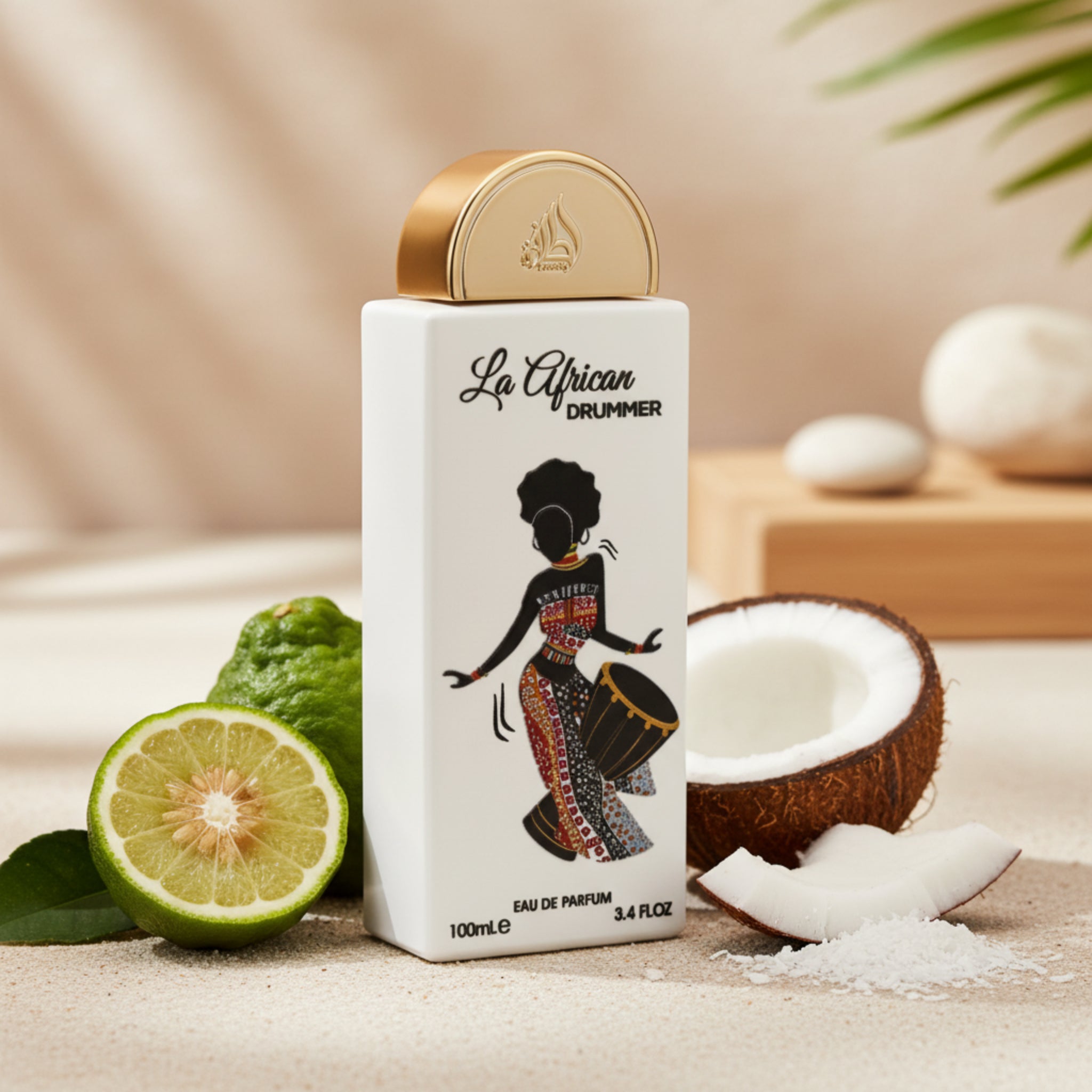 Perfume bottle labeled 'La African Drummer' with a gold cap on a white background