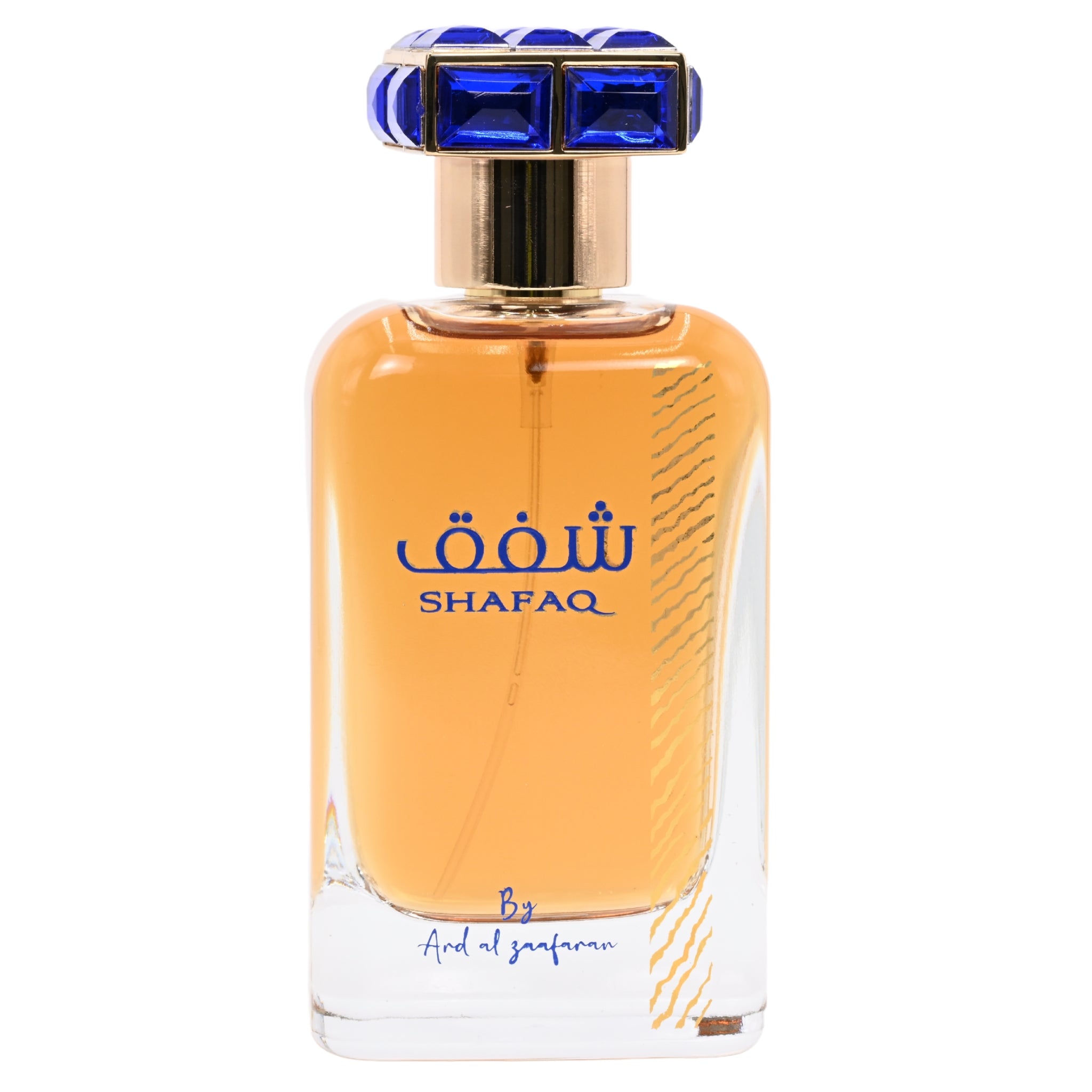 Perfume bottle labeled 'Shafaq' with a blue cap on a white background