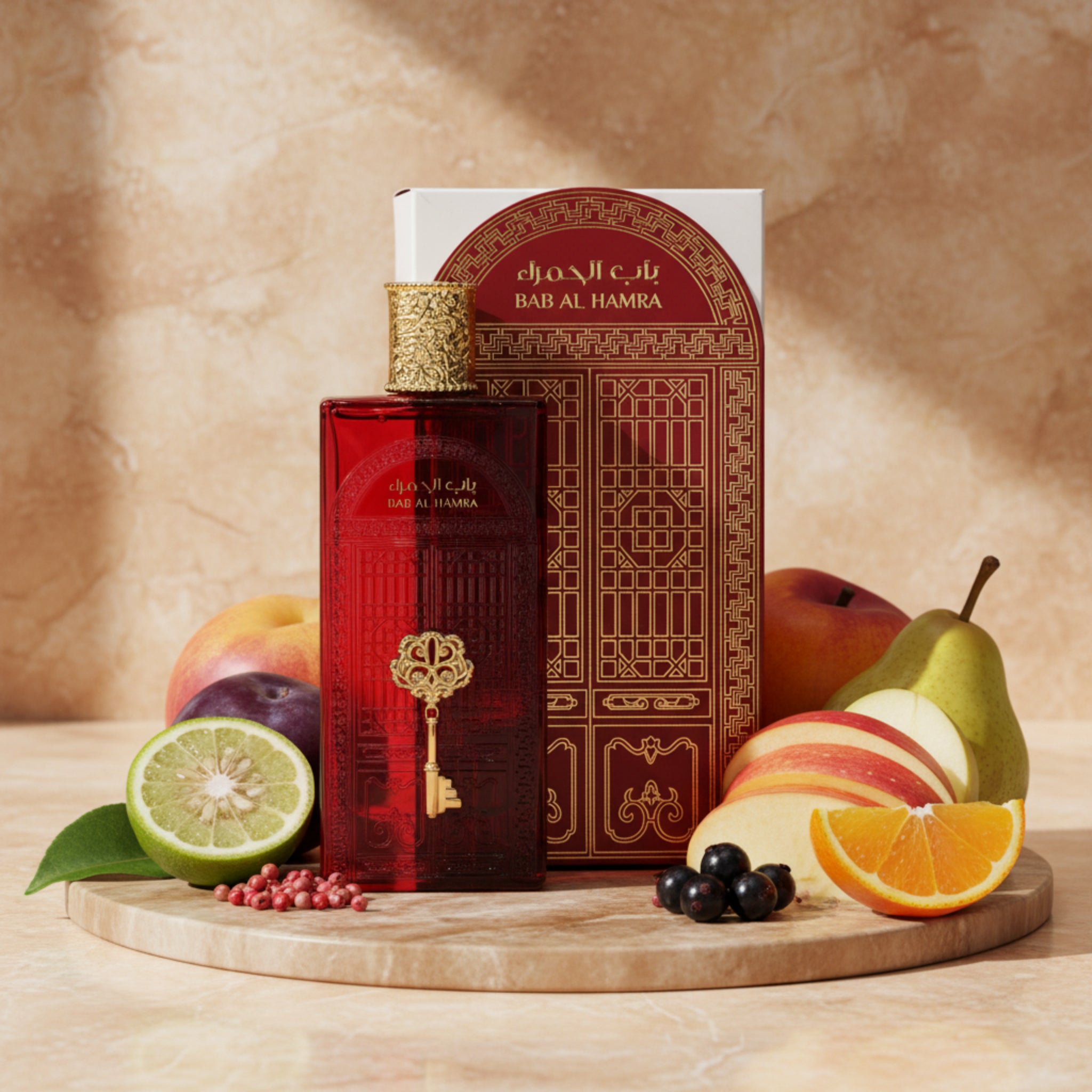 Red perfume bottle with gold accents and decorative packaging on a white background