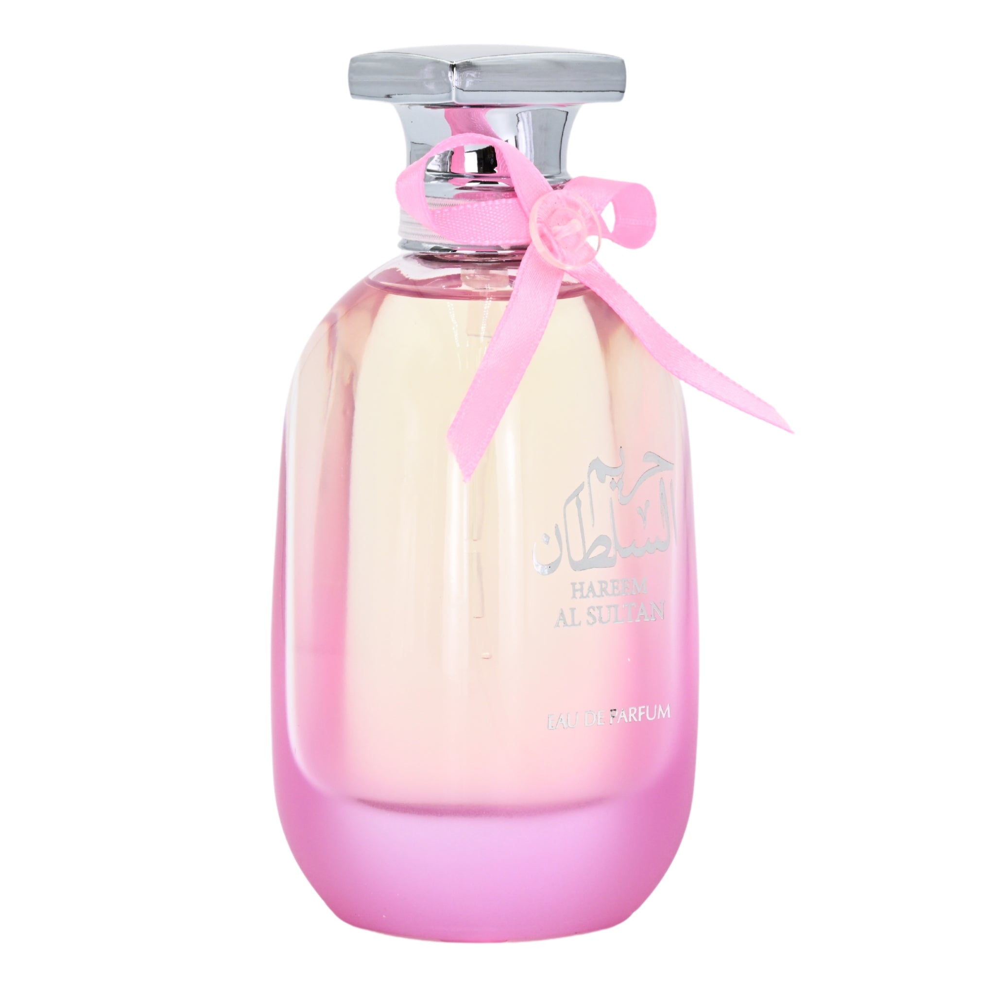 Pink and white perfume bottle with a bow on a white background