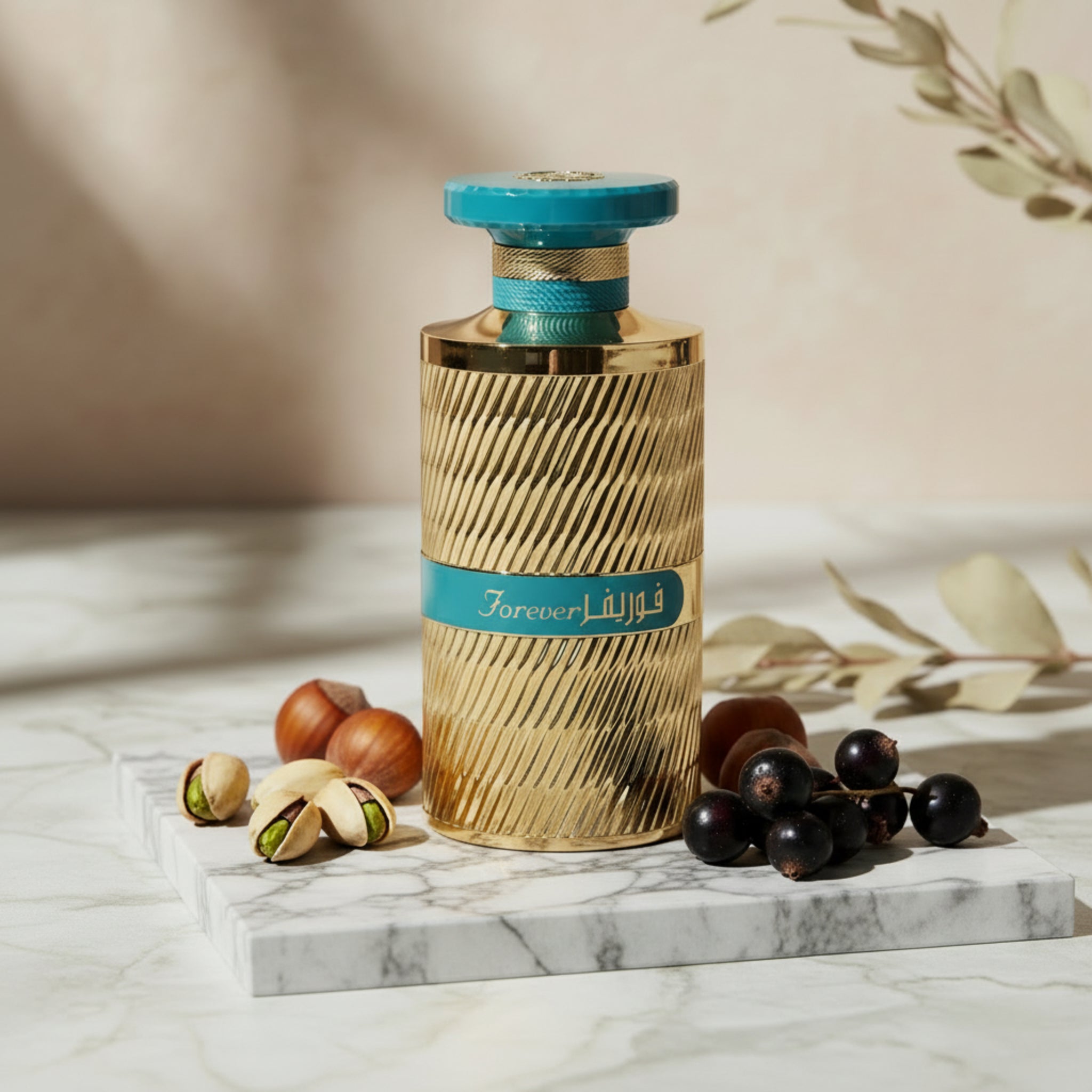 Perfume bottle with gold and blue design on a white background