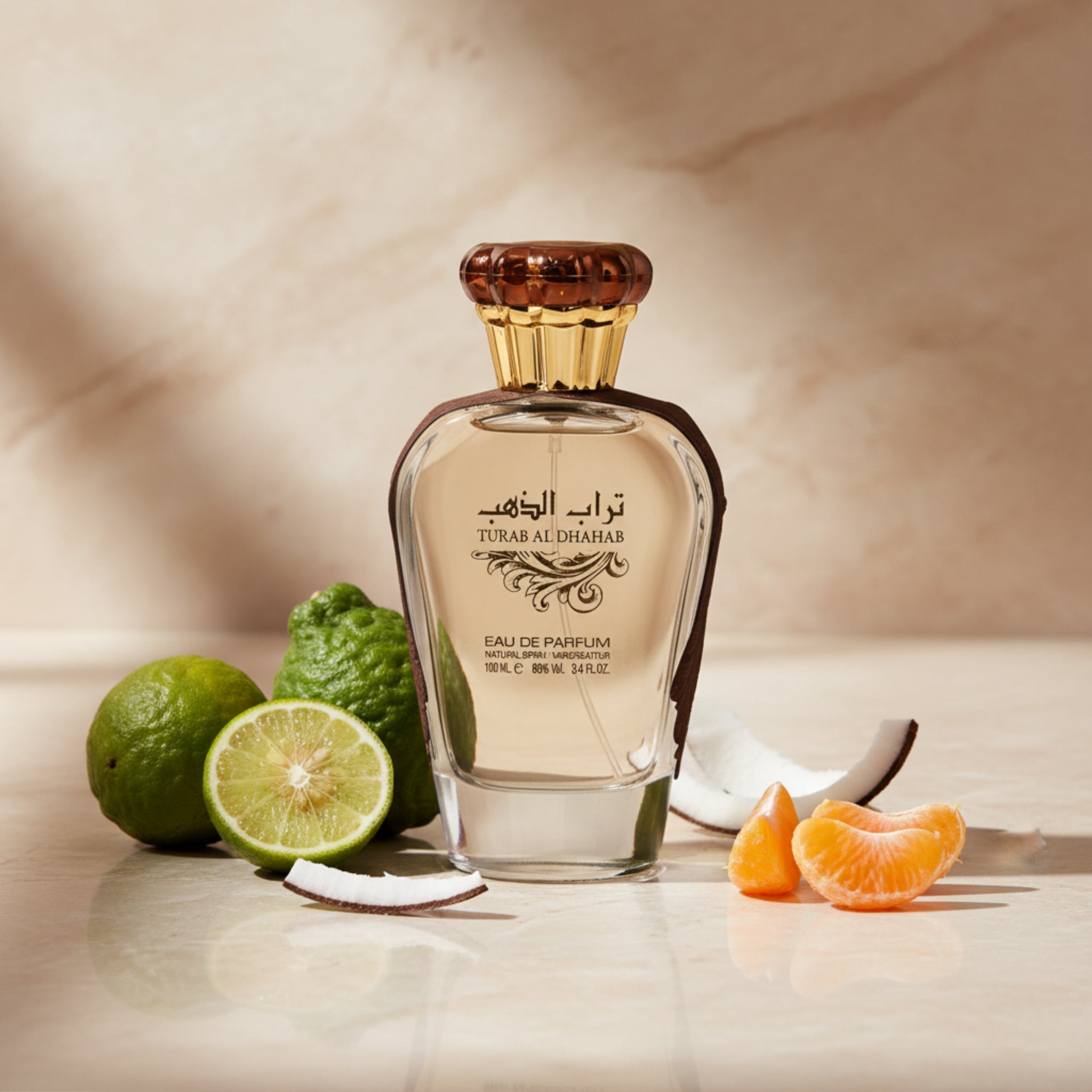 Perfume bottle with gold cap and clear body on a white background
