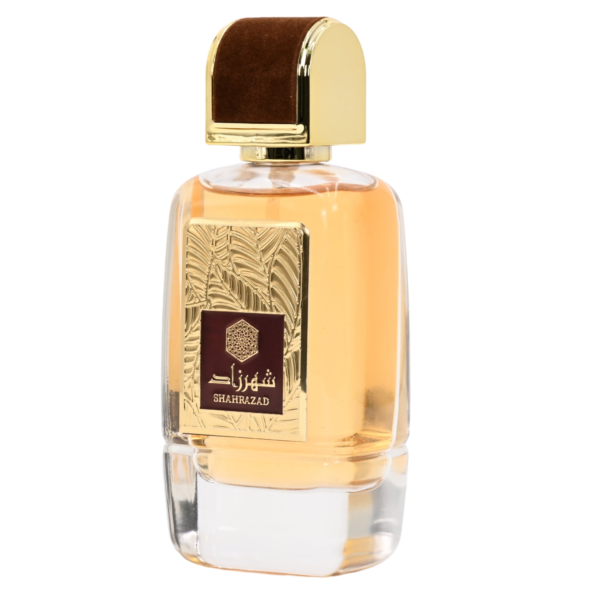 Perfume bottle with gold cap and detailed label on a white background