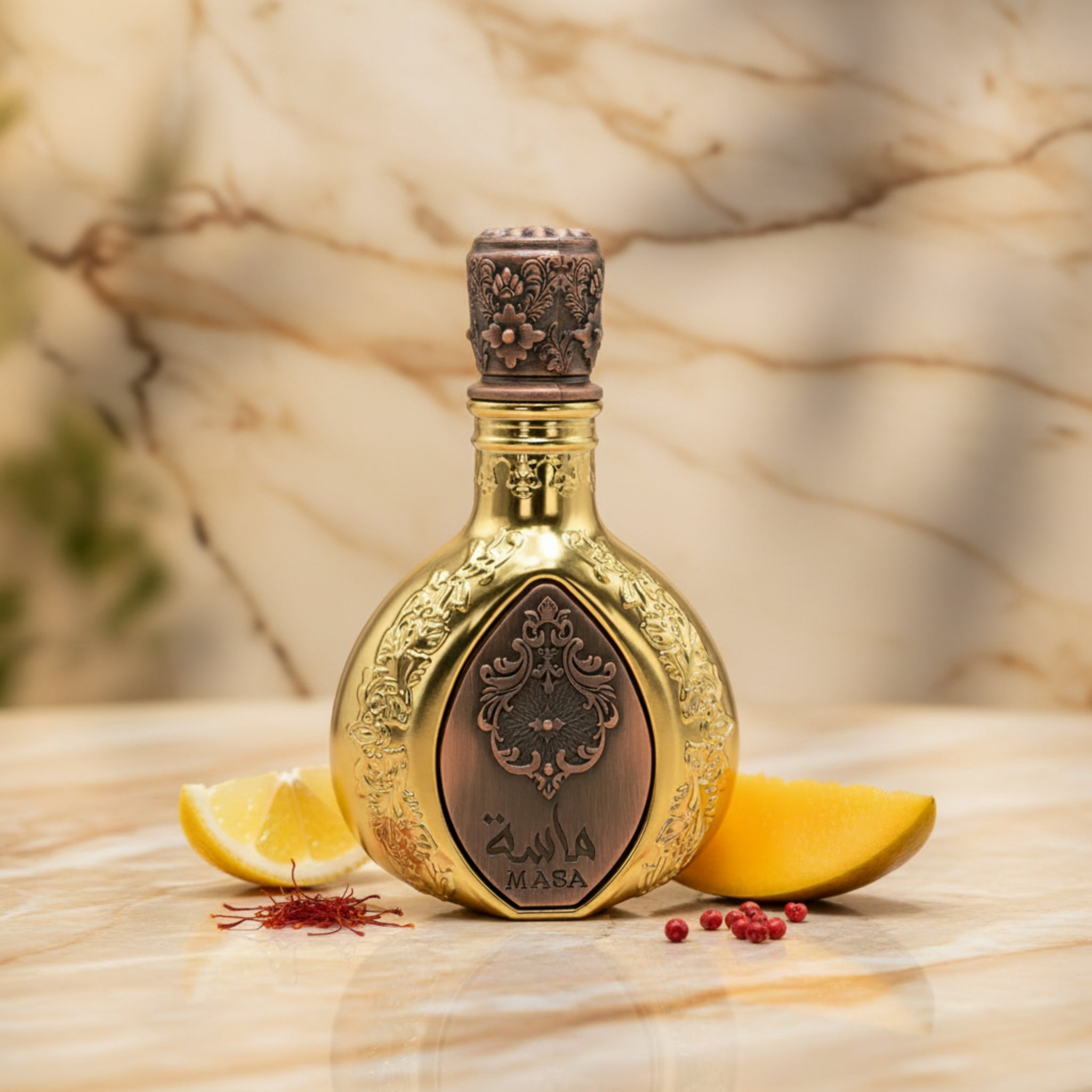 Decorative bottle with gold and bronze design on a white background