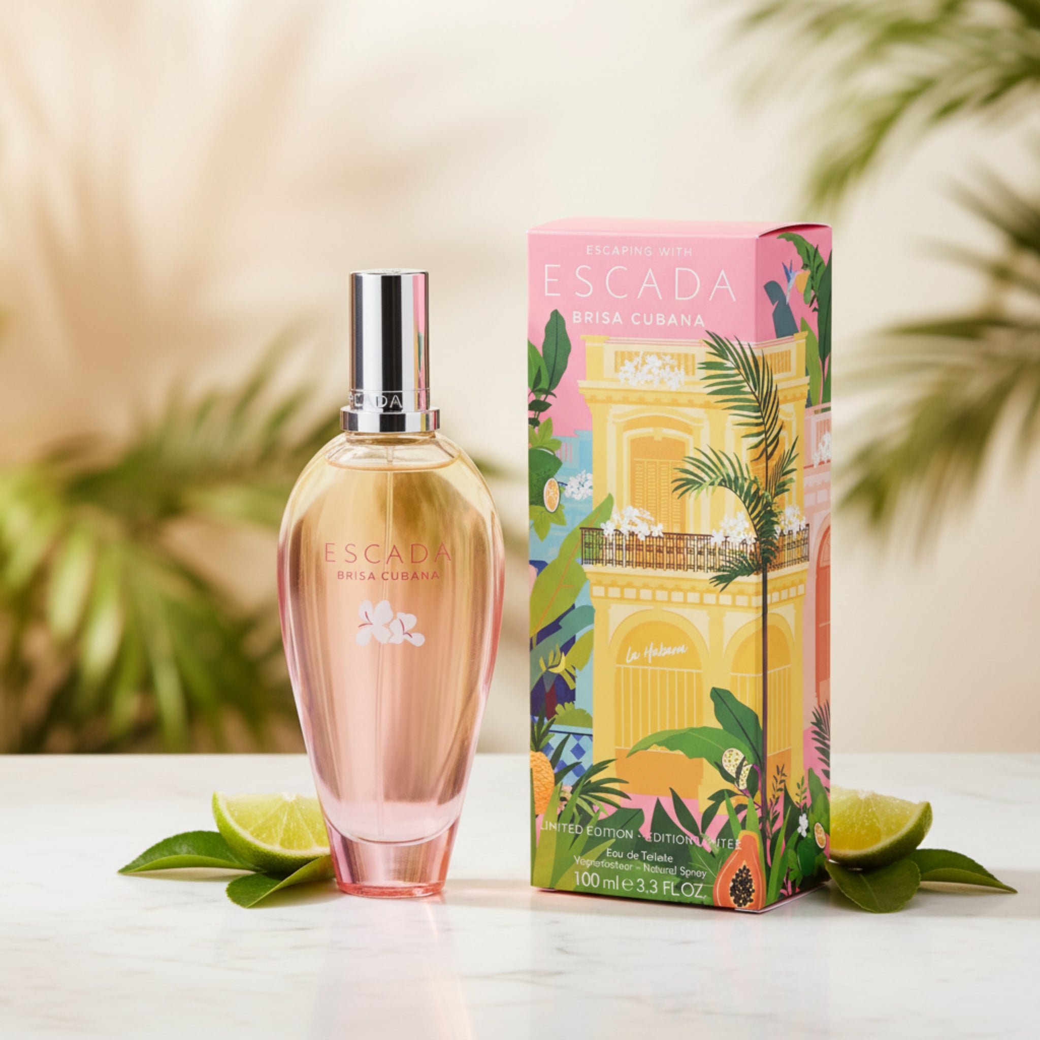 Escada Brisa Cubana perfume bottle and packaging on a white background