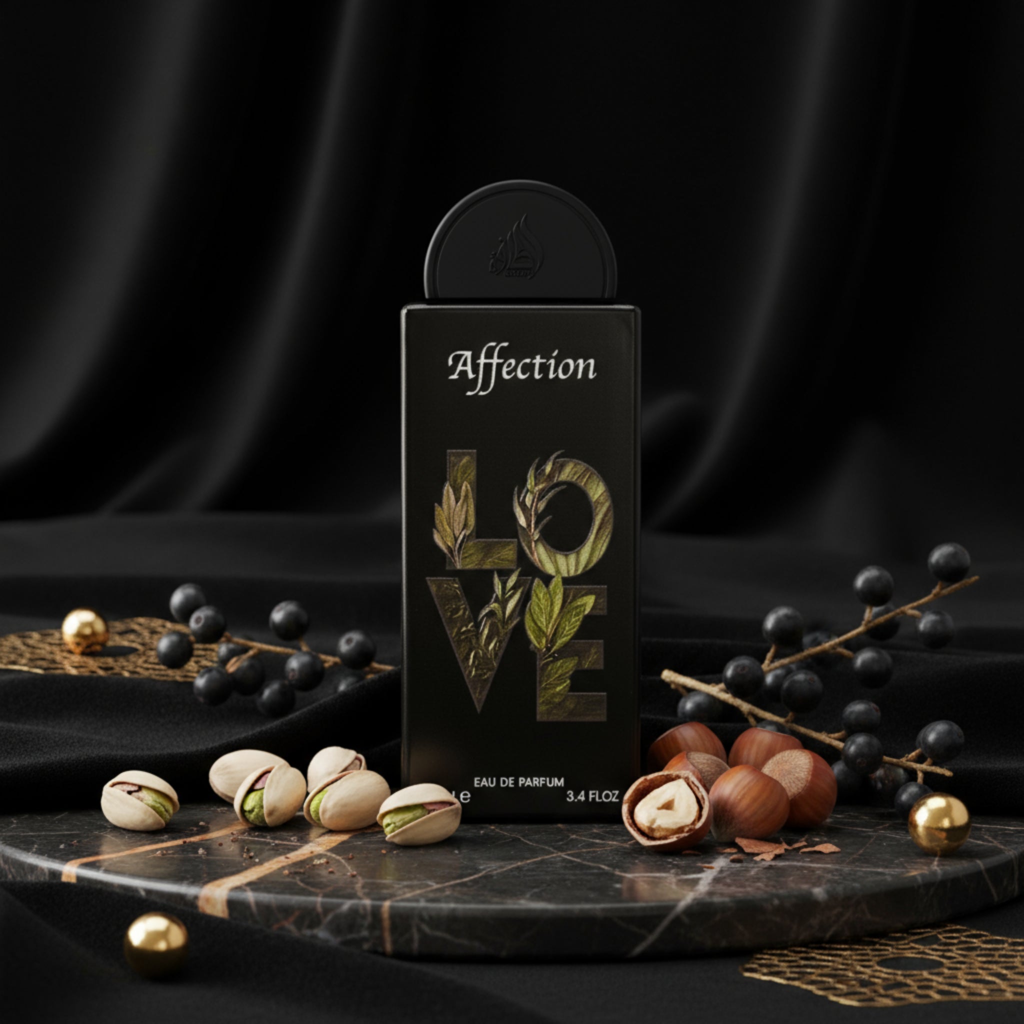 Black perfume bottle labeled 'Affection Love' on a white background