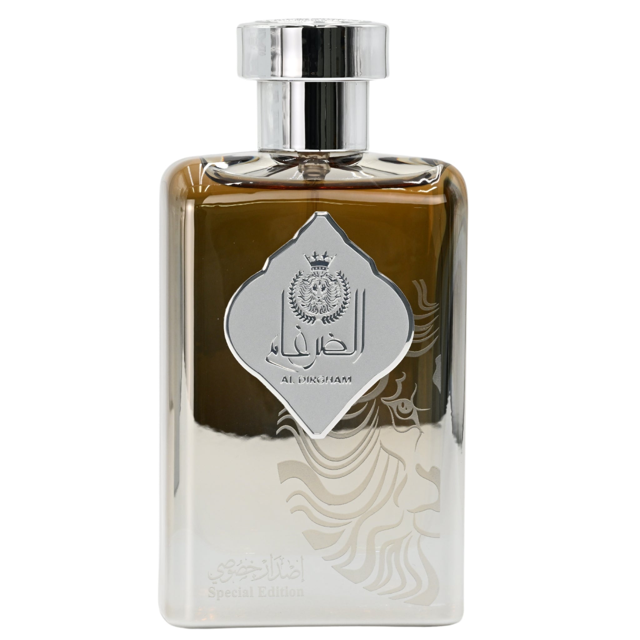 Perfume bottle with silver cap and decorative label on a white background