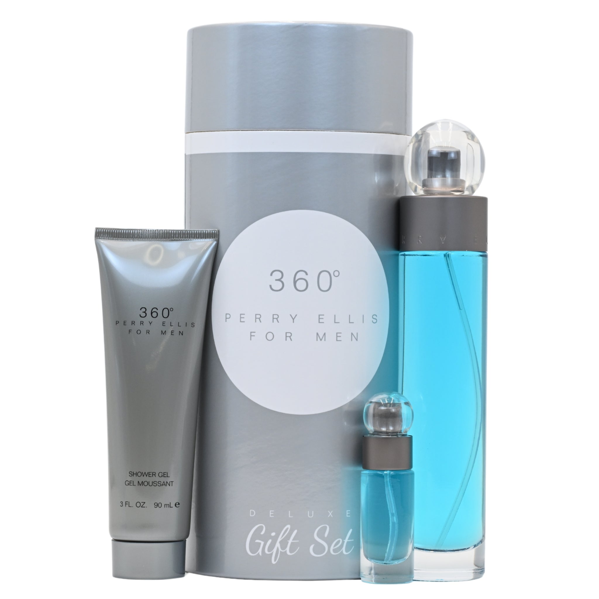 Perry Ellis 360° men's fragrance gift set with blue bottle, silver tube, and cylindrical container on a white background.
