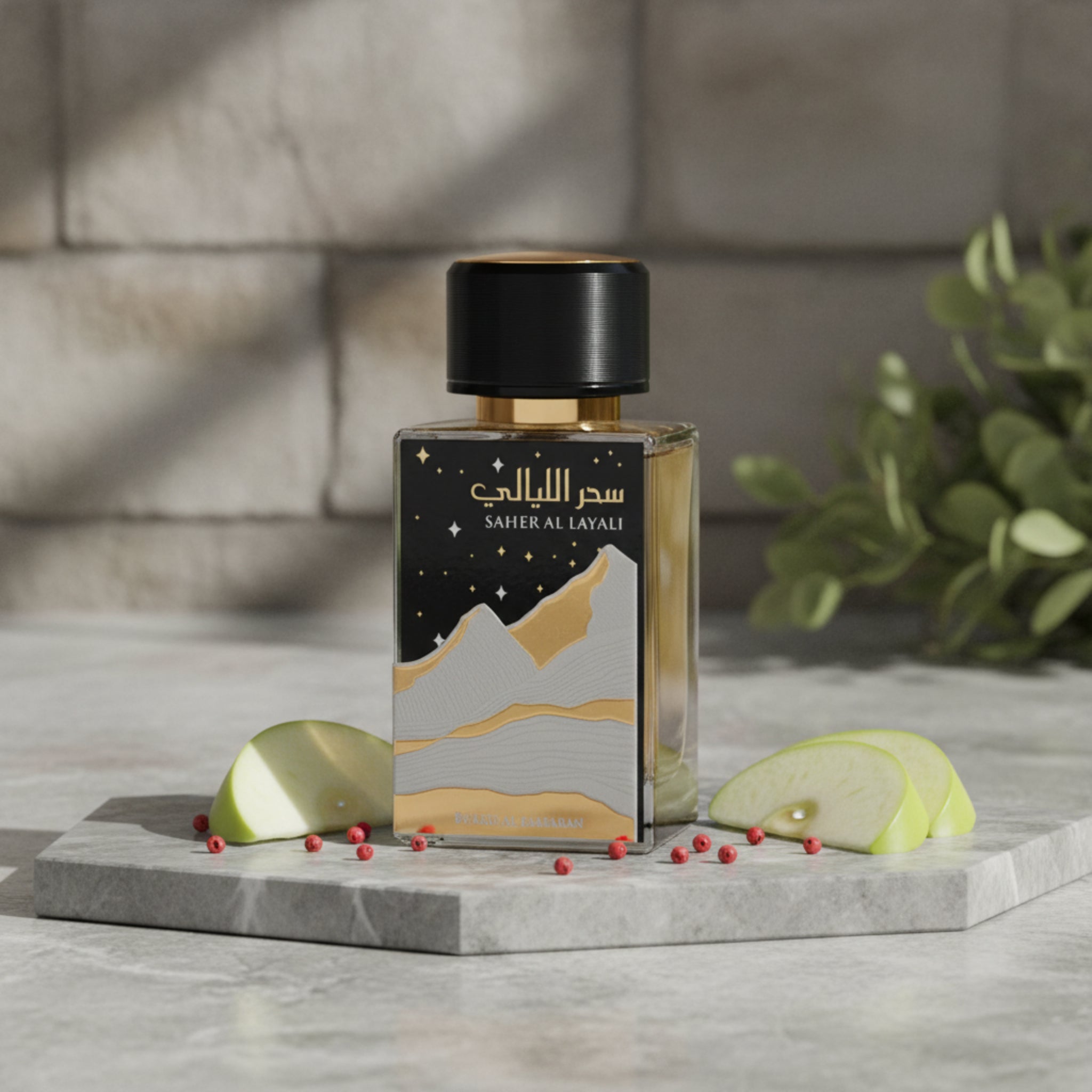Perfume bottle with mountain and star design on a white background