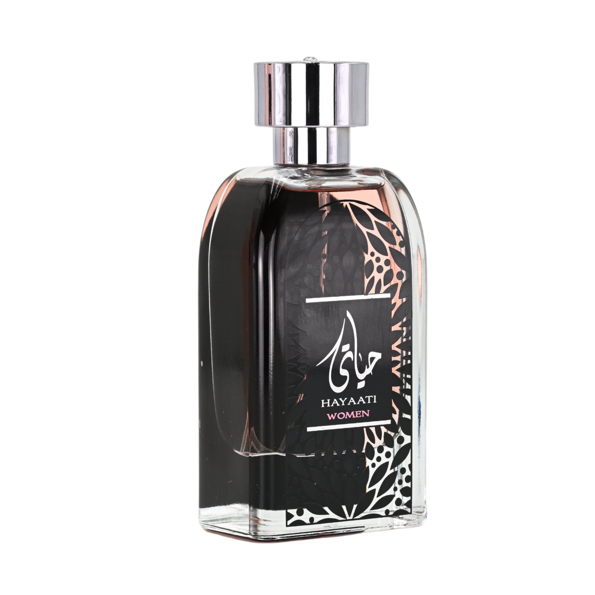 Perfume bottle with black label and silver cap on a white background