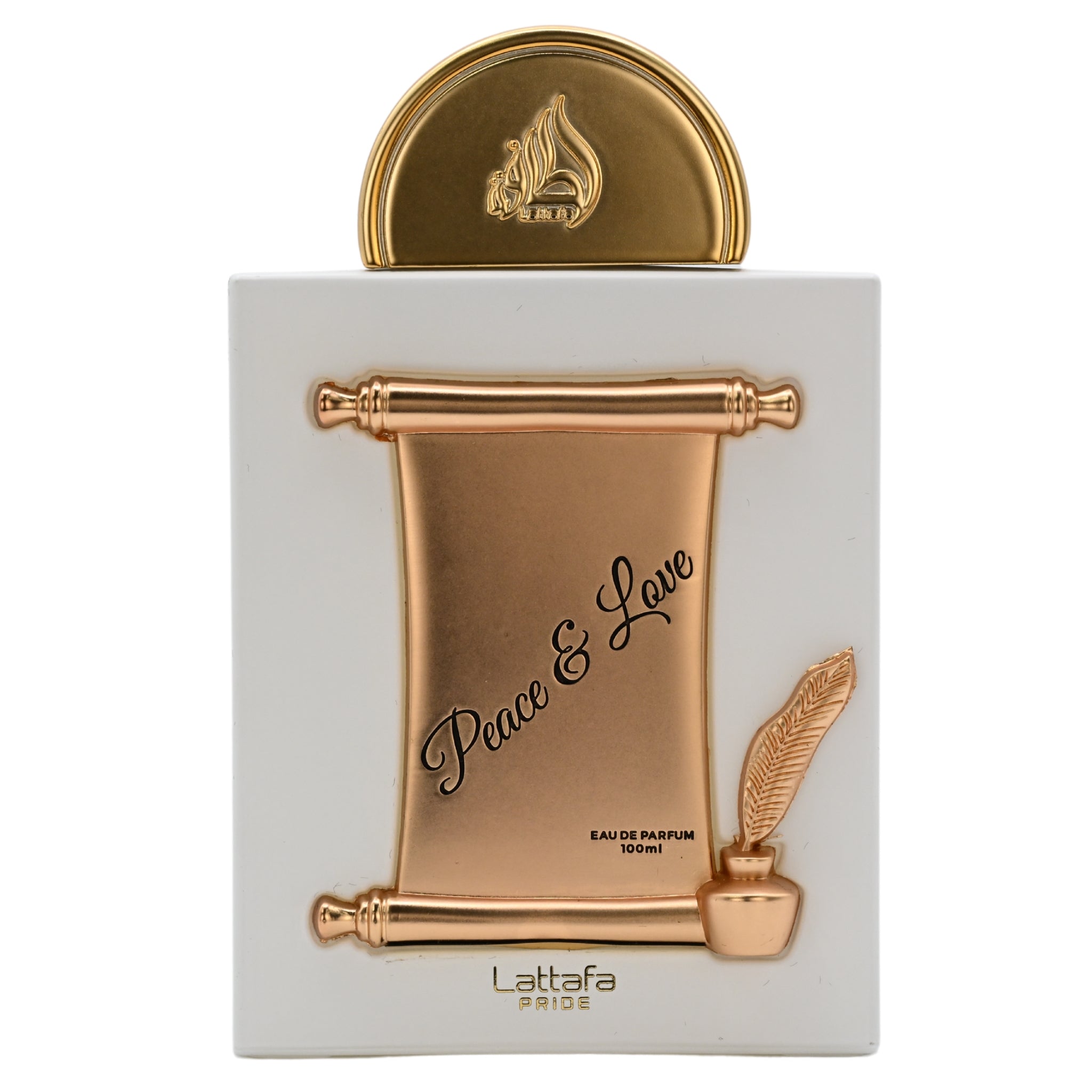 Lattafa Pride perfume bottle with gold cap and packaging on a white background