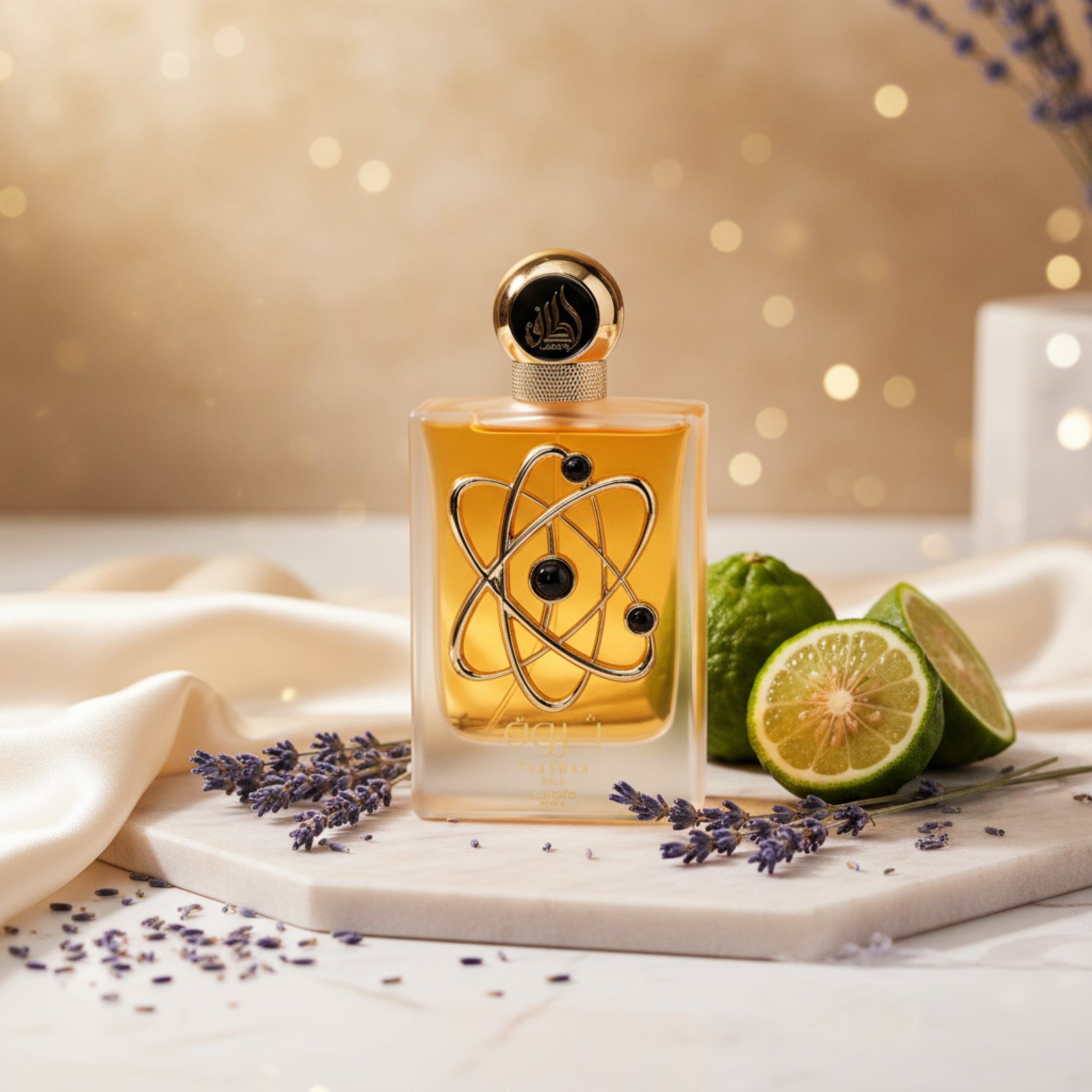 Perfume bottle with gold cap and decorative design on a white background
