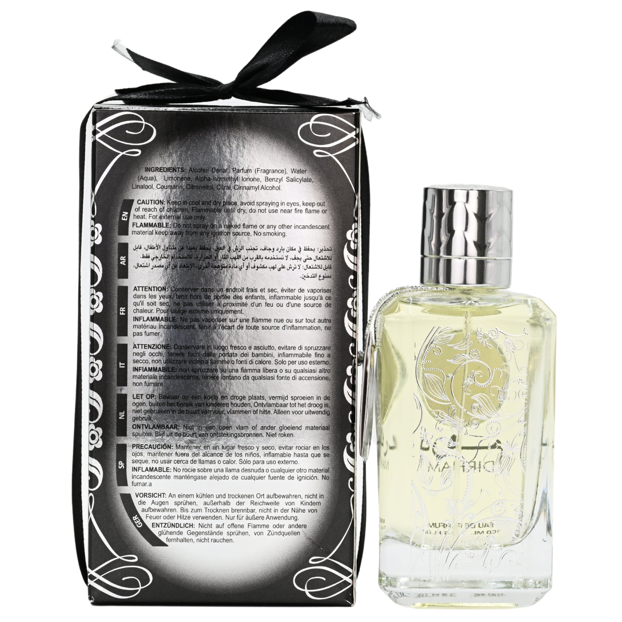 Perfume bottle with packaging on a white background