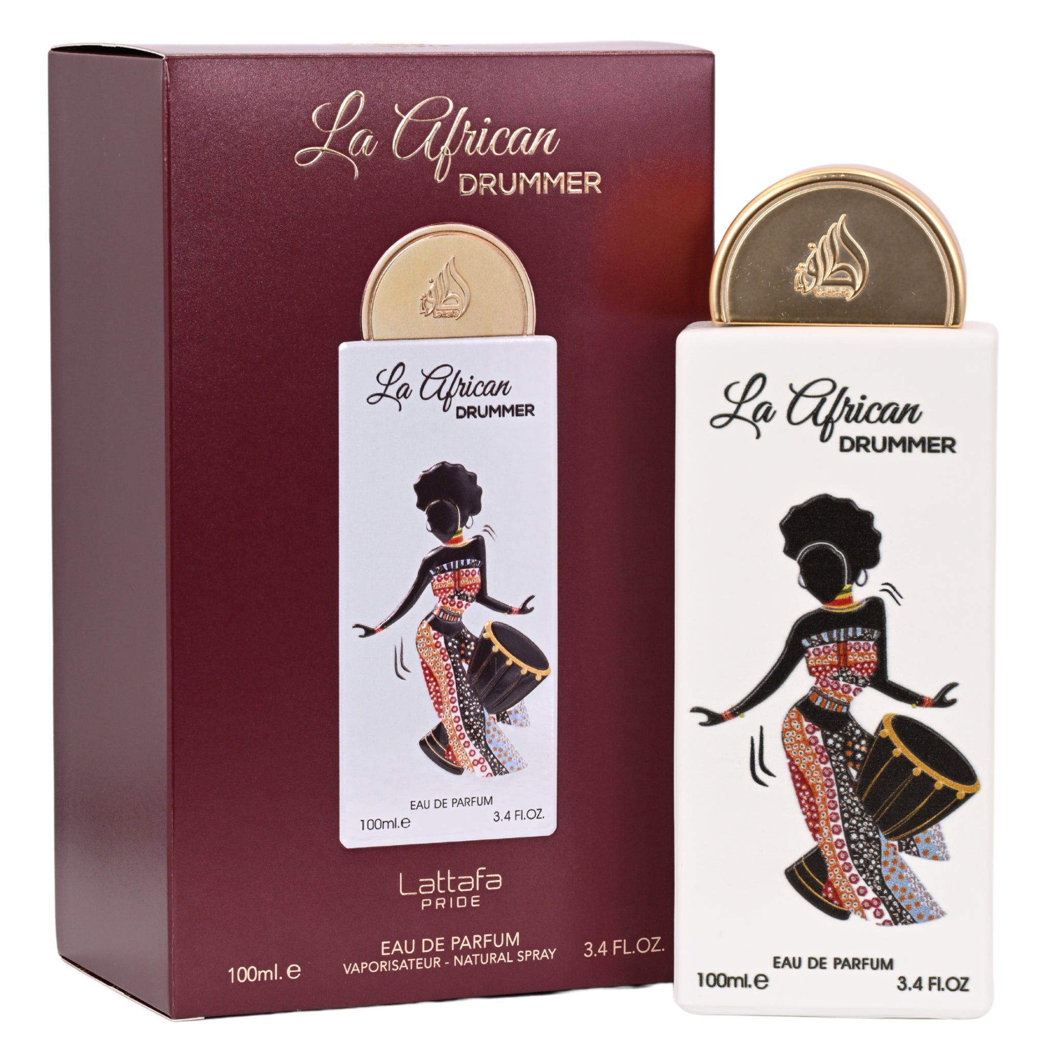 La African Drummer perfume bottle and packaging on a white background