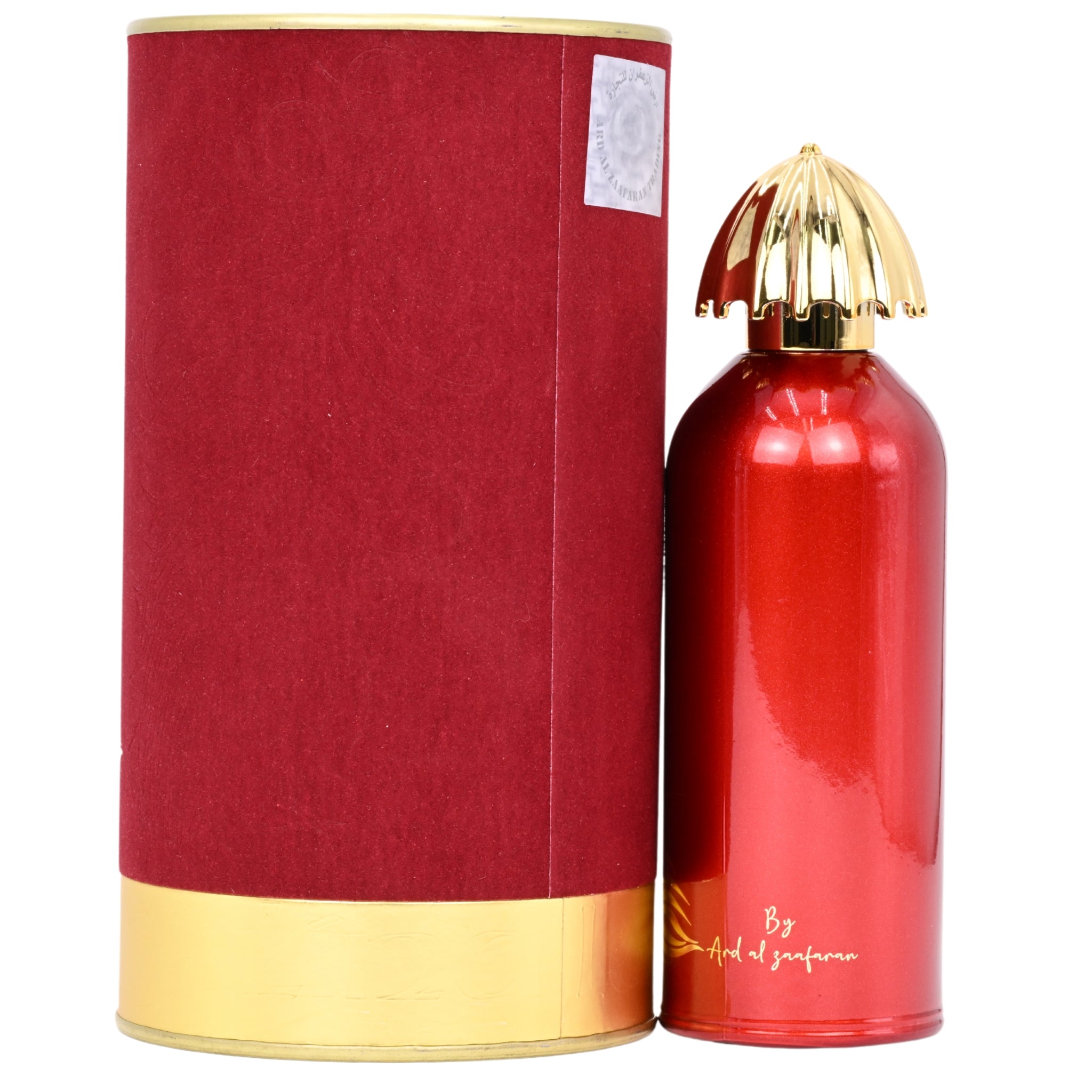 Red perfume bottle with gold cap and matching red cylindrical box on a white background