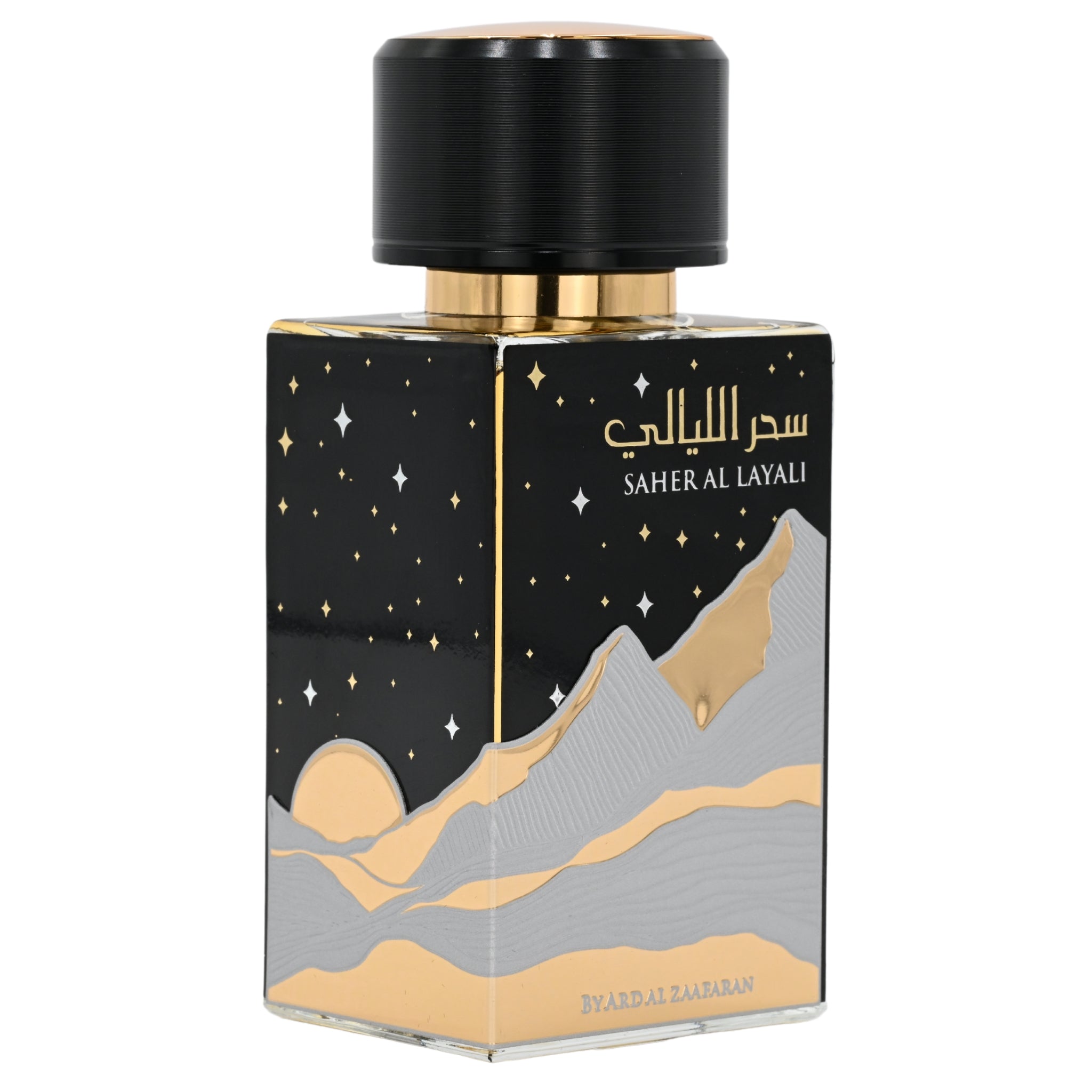 Perfume bottle with decorative packaging featuring mountains and stars on a white background