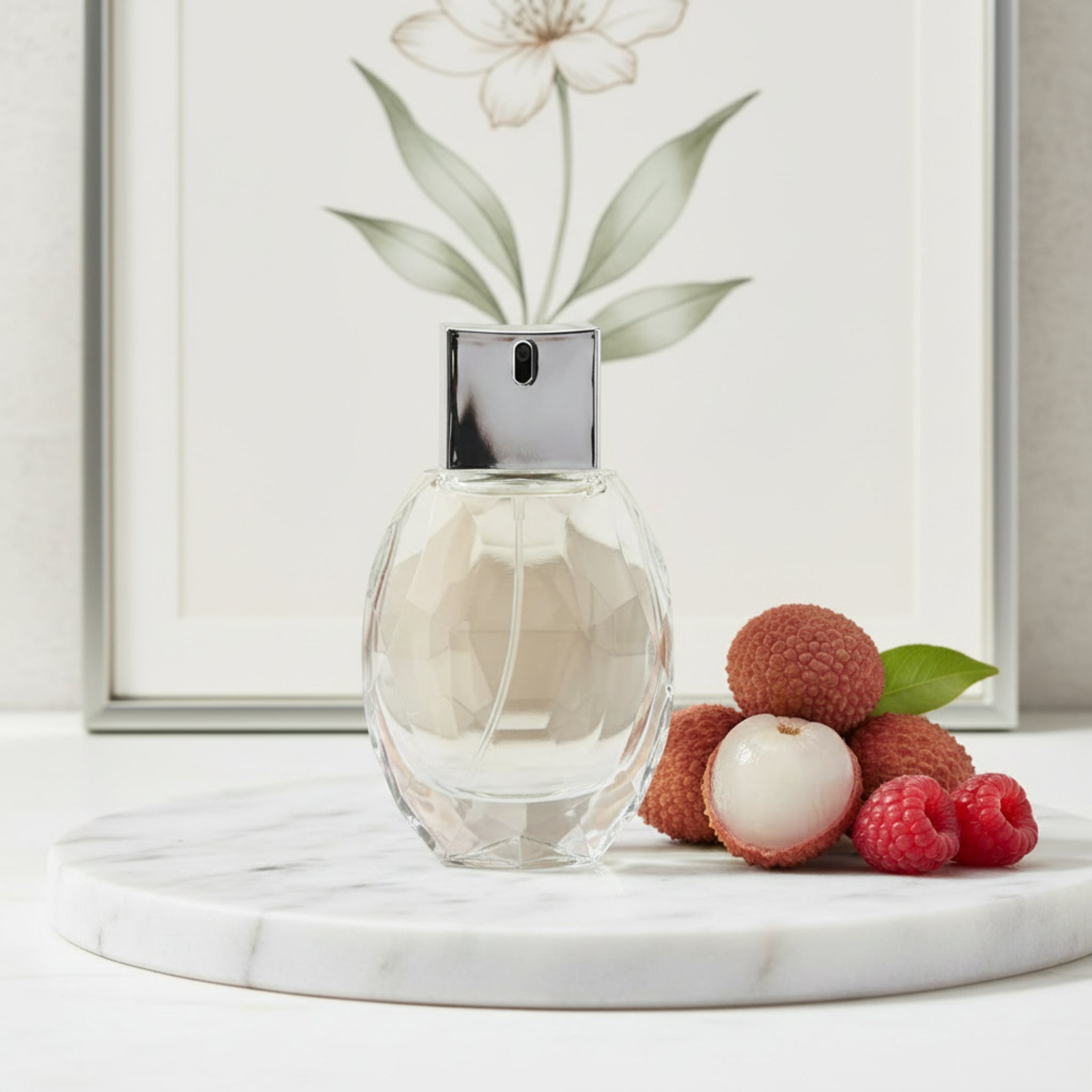Clear glass perfume bottle with silver cap on a white background