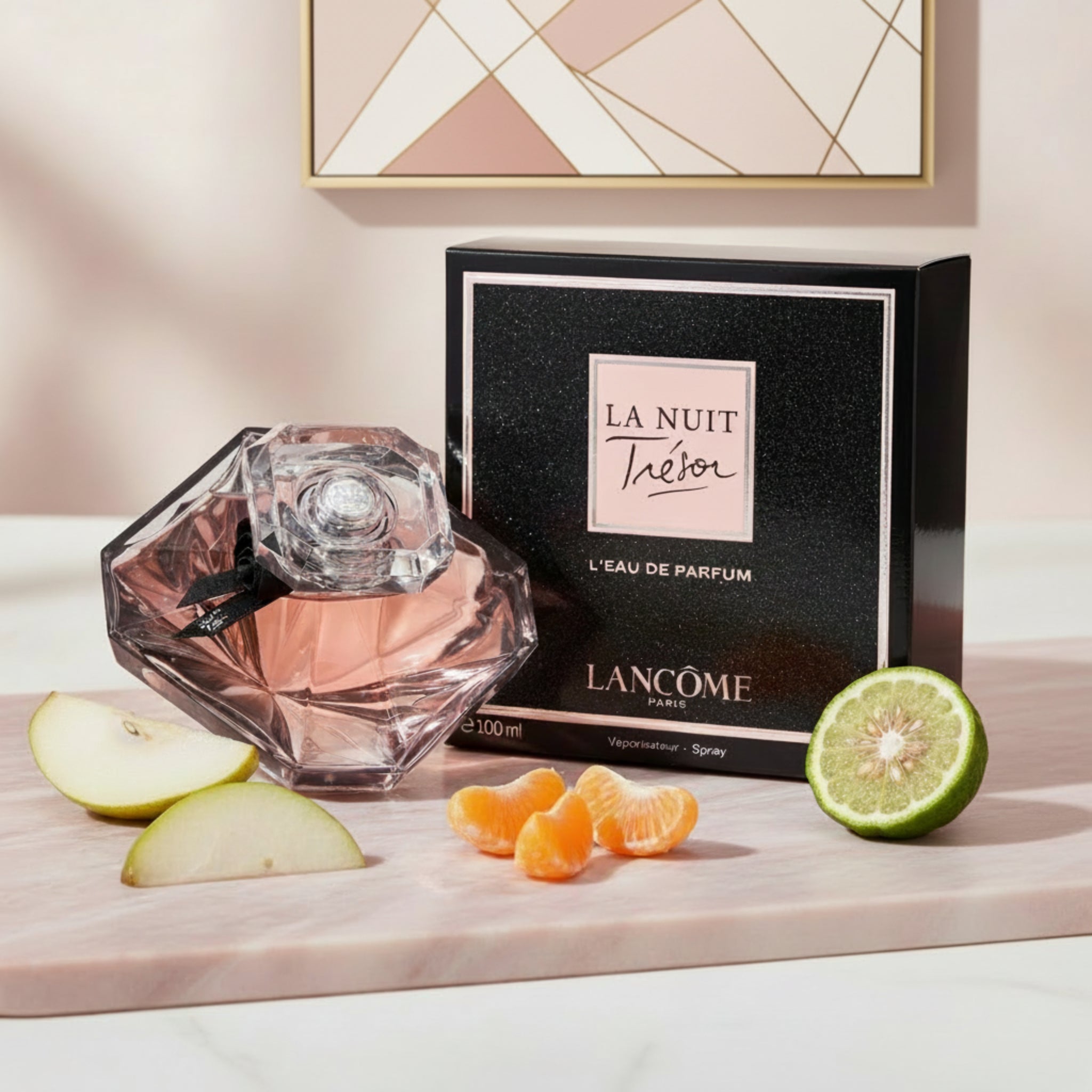 Lancome La Nuit Tresor perfume bottle and packaging on a white background