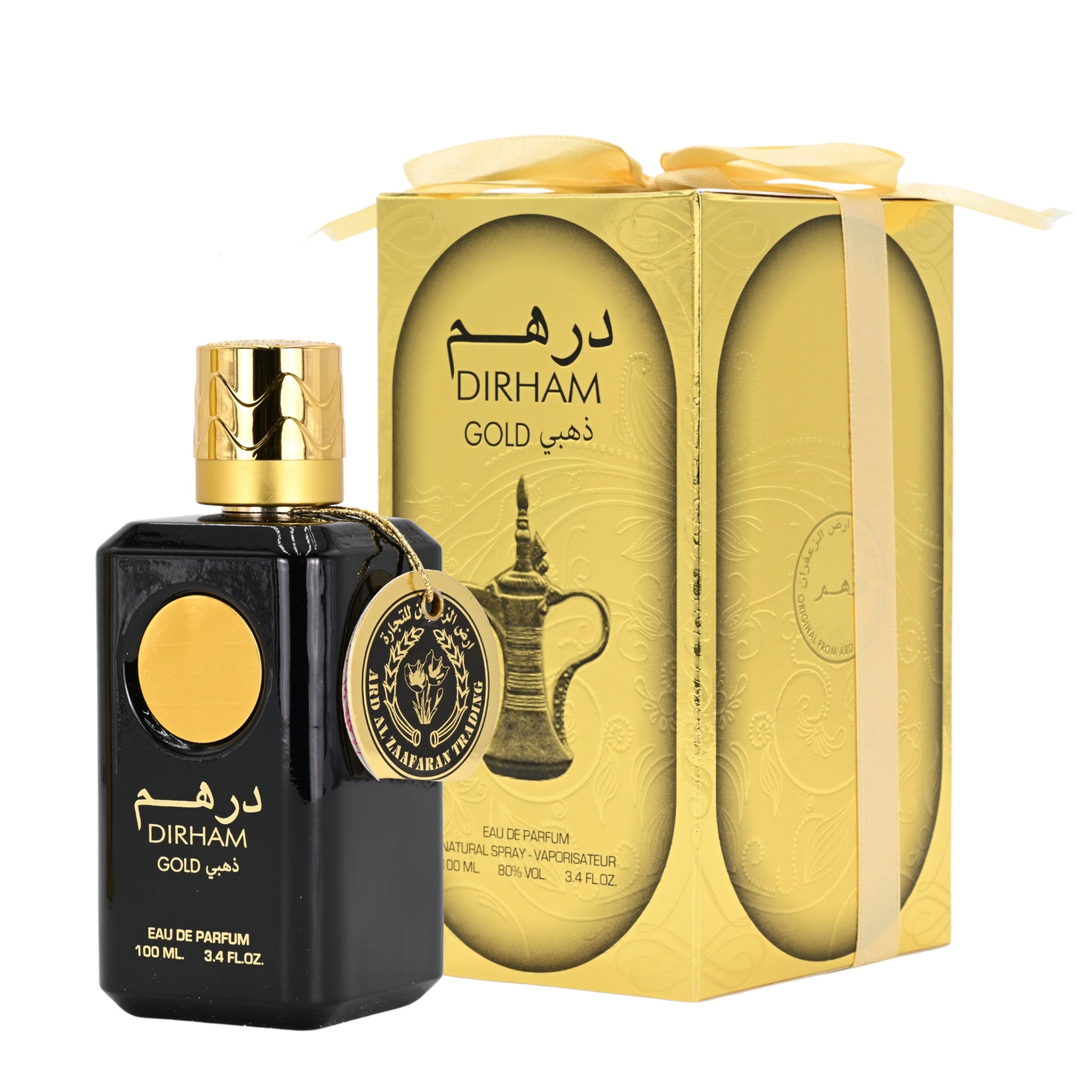 Dirham Gold perfume bottle and packaging on a white background