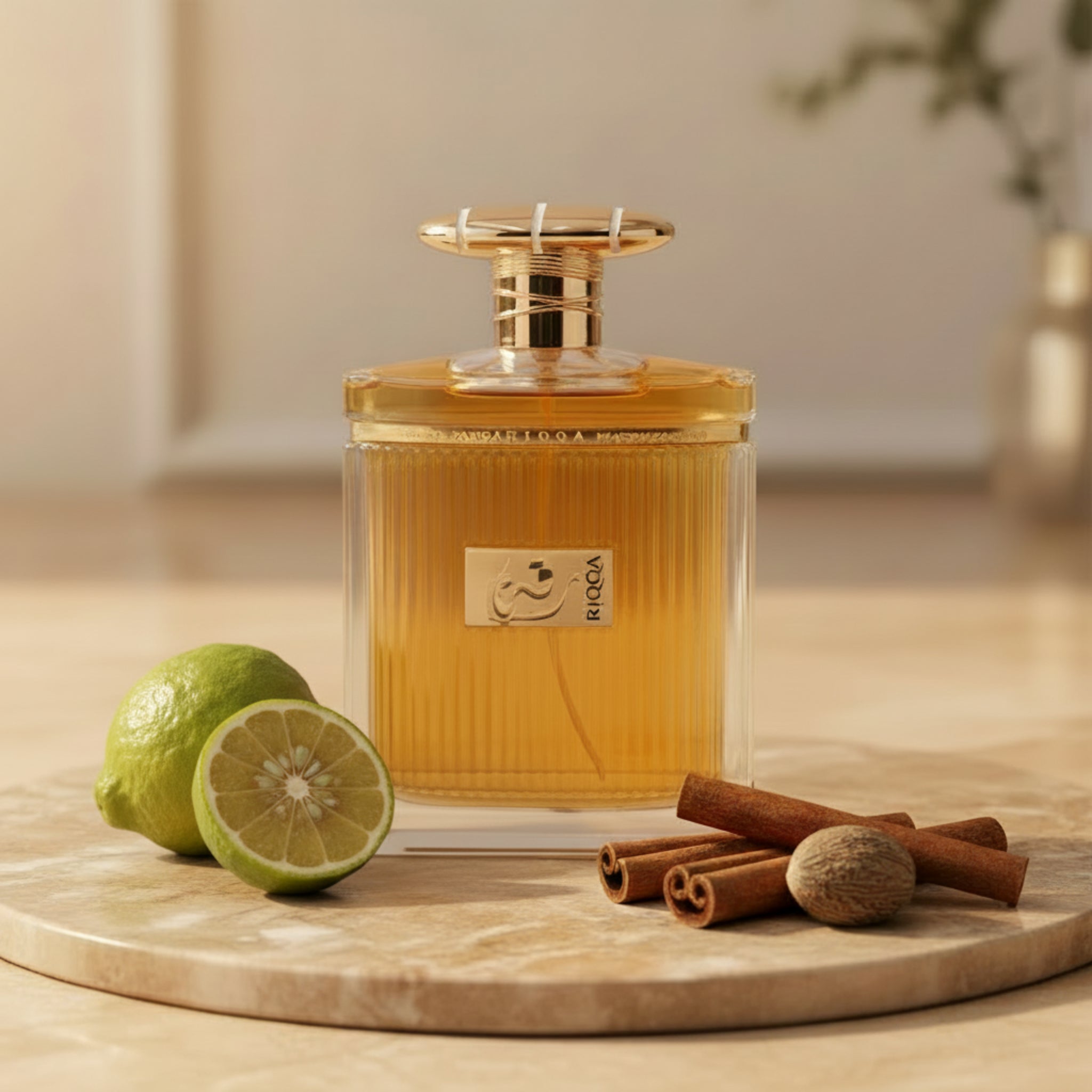 Perfume bottle with gold cap on a white background