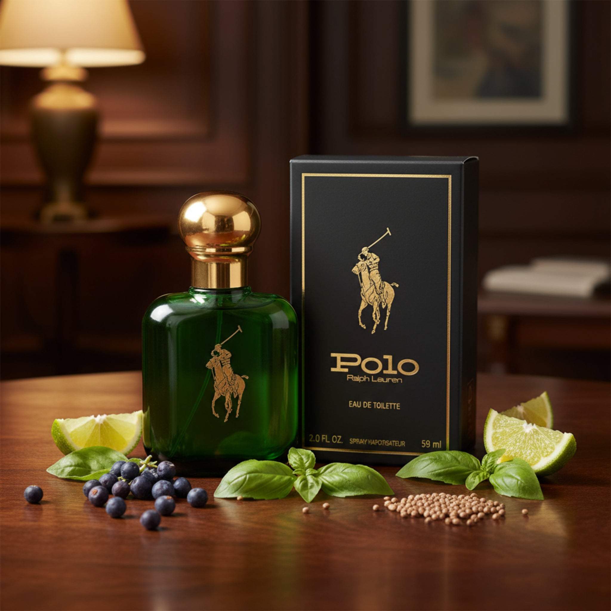 Green Polo perfume bottle with gold cap and black box featuring Polo Ralph Lauren logo on a white background