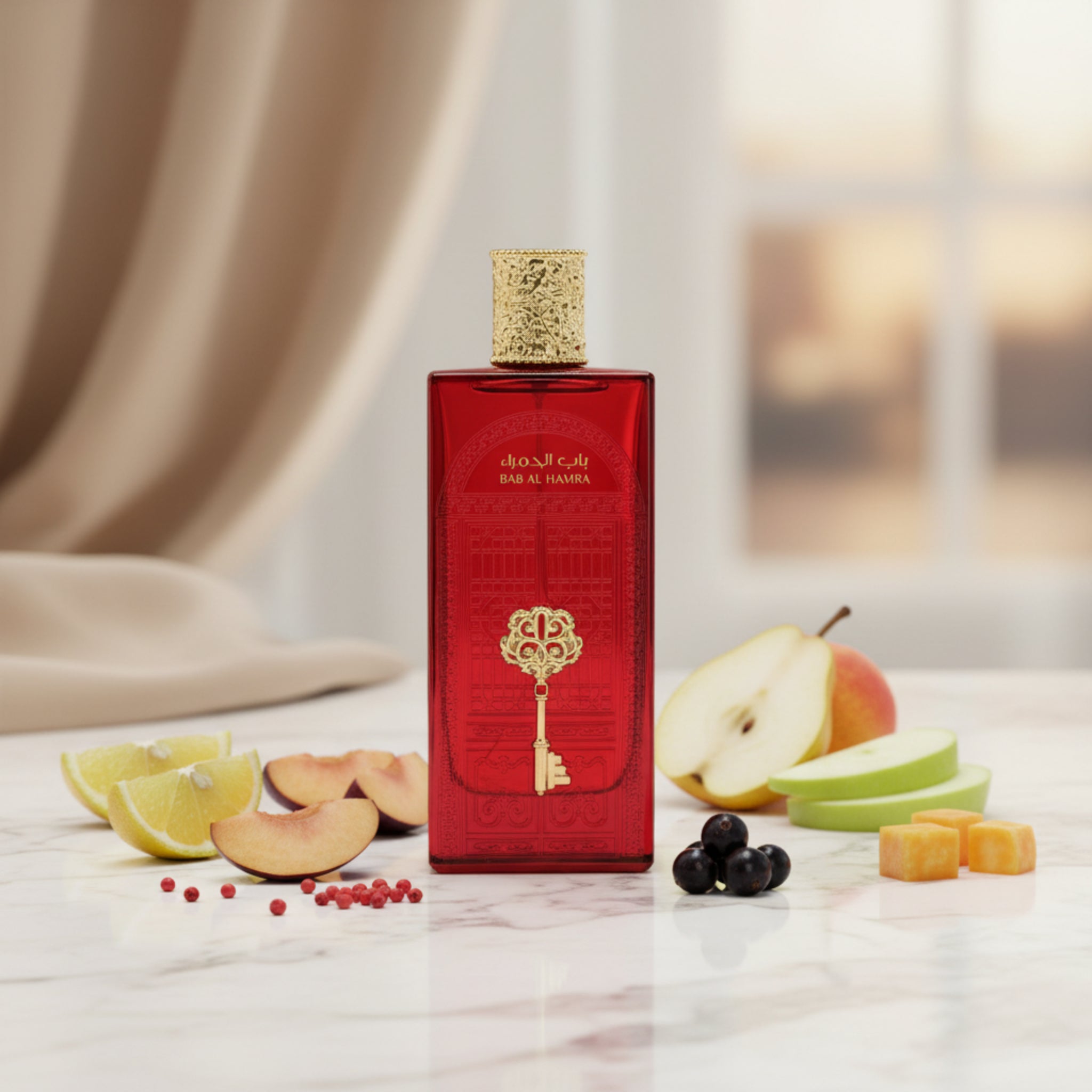 Red perfume bottle with gold cap on a table with fruits and berries