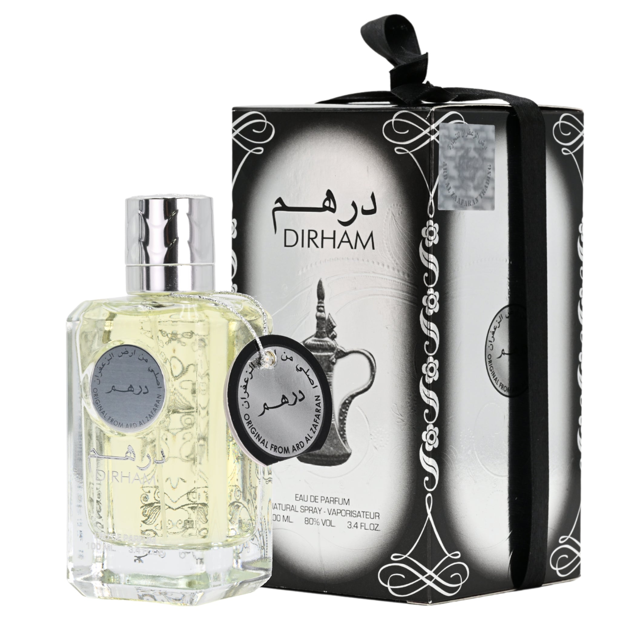Perfume bottle with decorative packaging featuring the brand 'Dirham'.