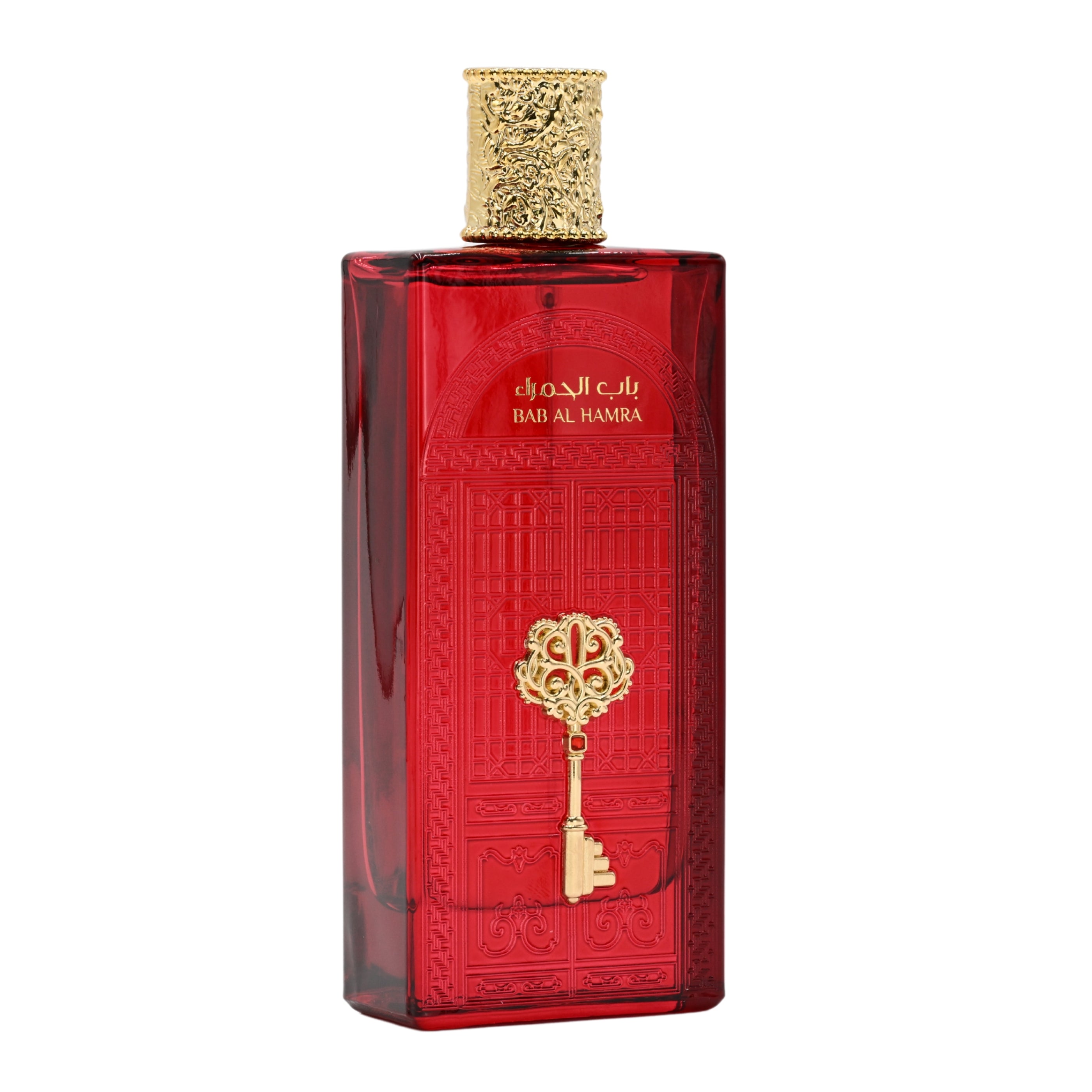 Red perfume bottle with gold accents on a white background