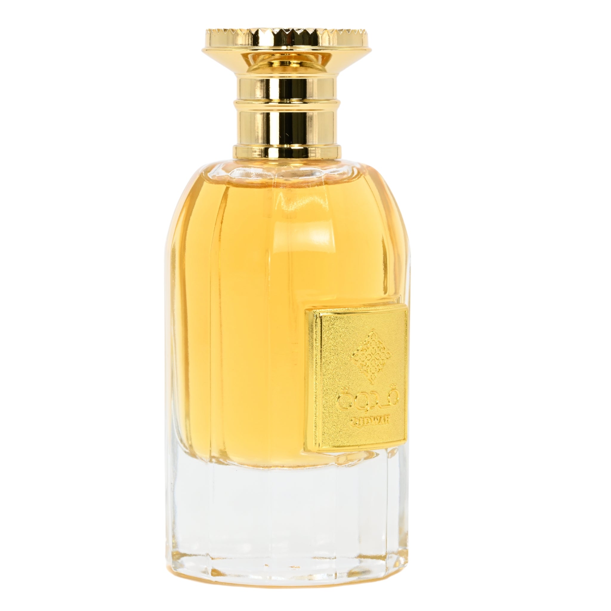 Perfume bottle with gold cap and label on a white background