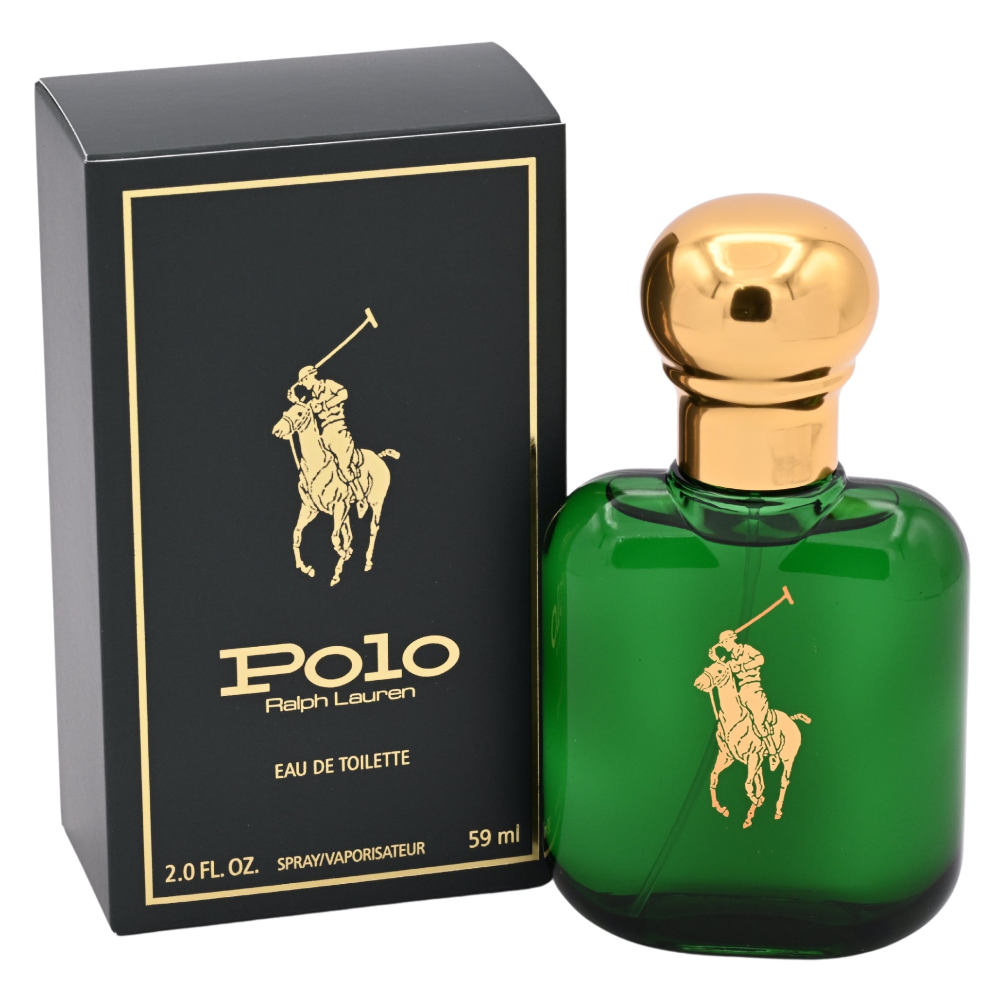 Green Polo Ralph Lauren perfume bottle with gold cap and black box on a white background