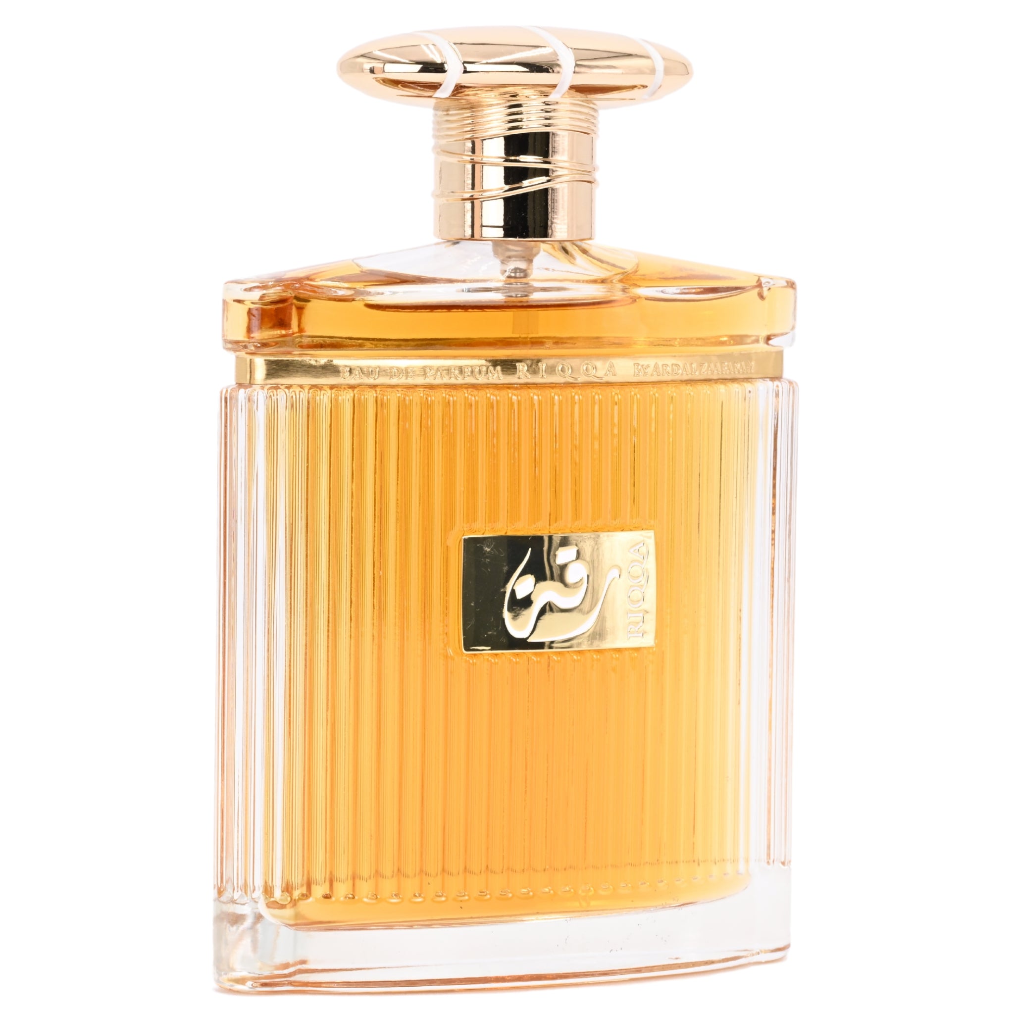 Perfume bottle with gold cap and clear body on a white background