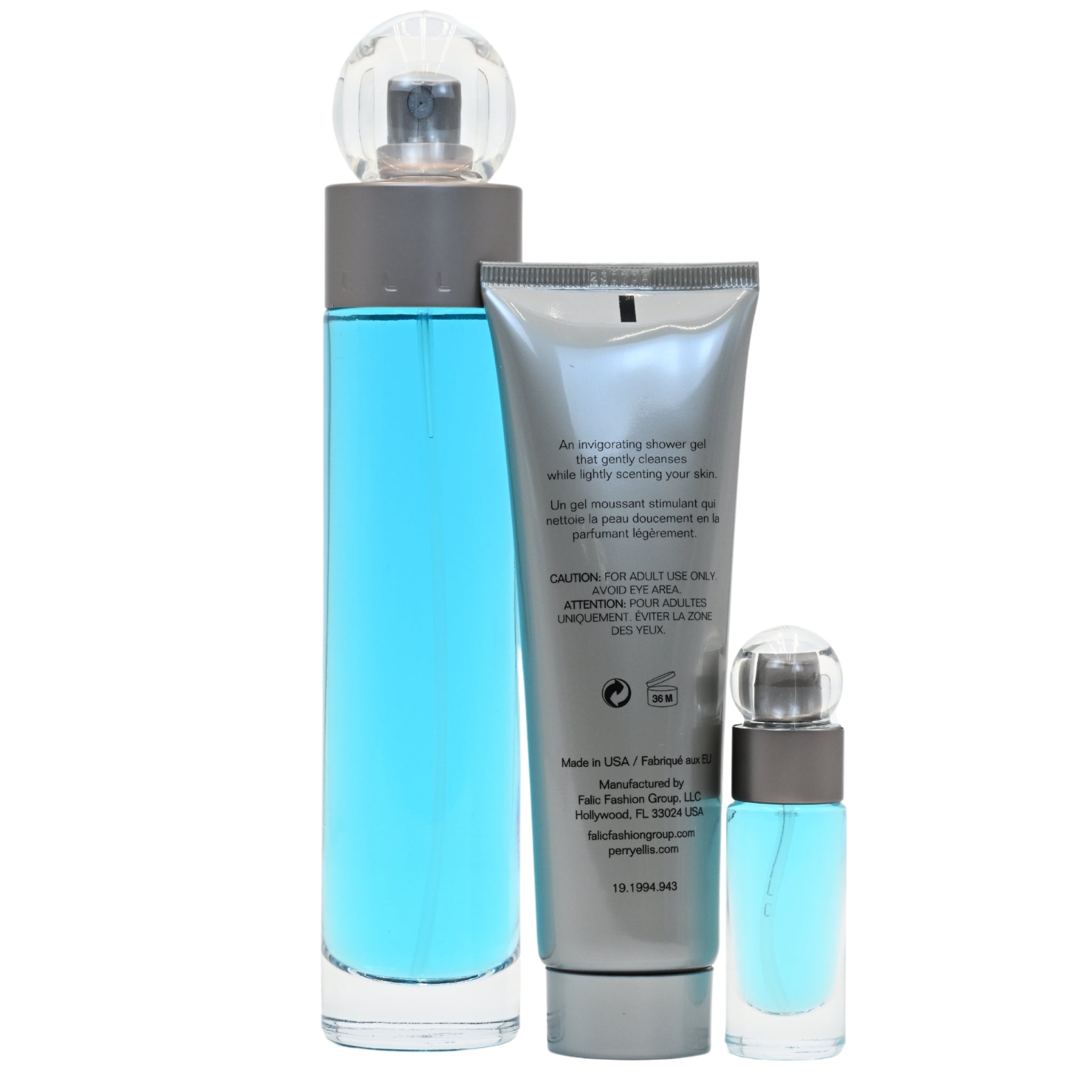 Set of skincare products including a bottle, tube, and small bottle on a white background