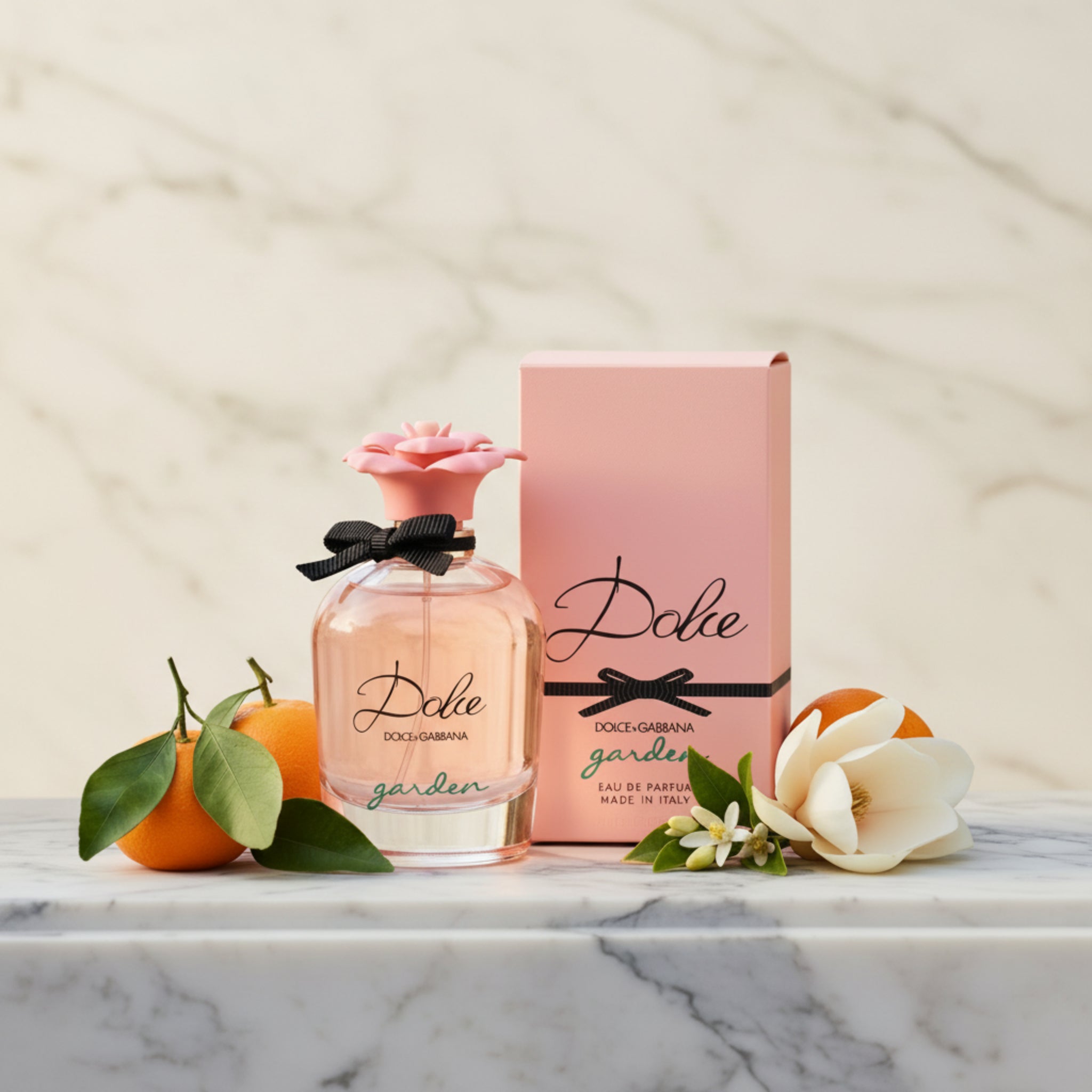 Dolce & Gabbana garden perfume bottle and packaging on a white background