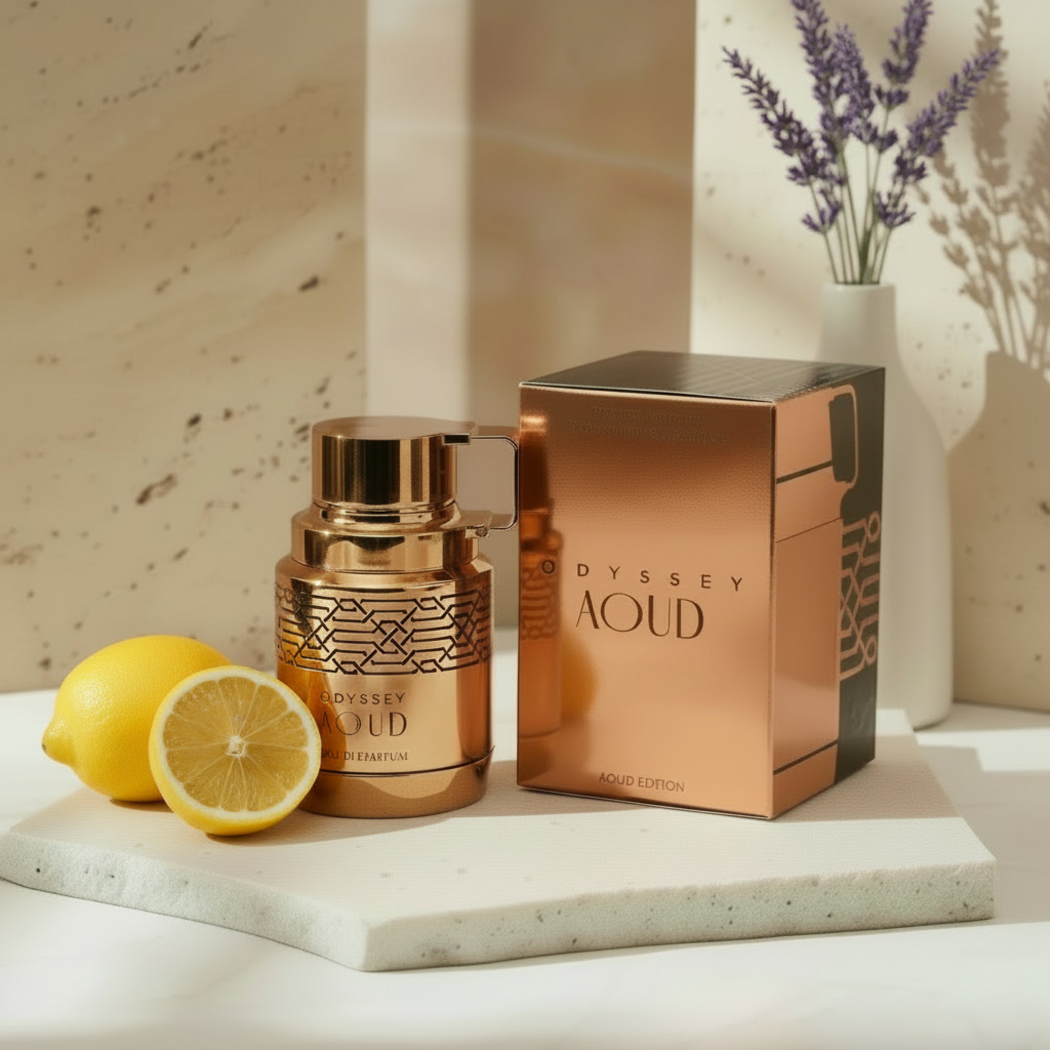 Bronze-colored Odyssey Aoud perfume bottle and packaging on a white background
