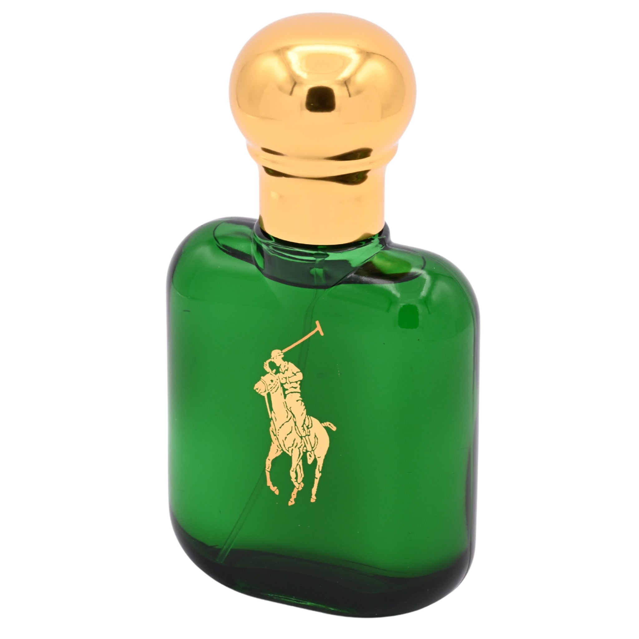 Green perfume bottle with gold cap and logo on a white background