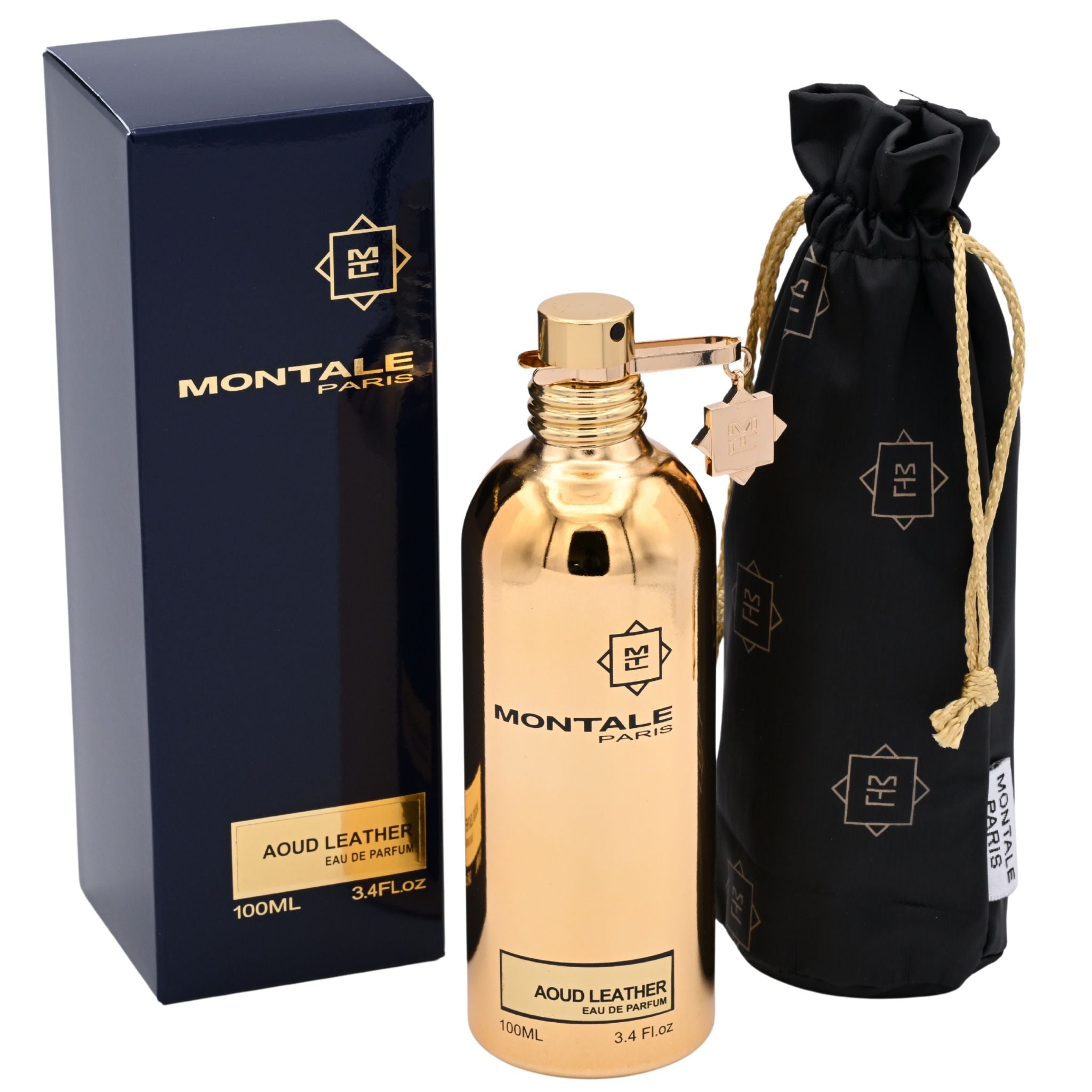 Montale Paris perfume bottle with packaging and drawstring bag on a white background