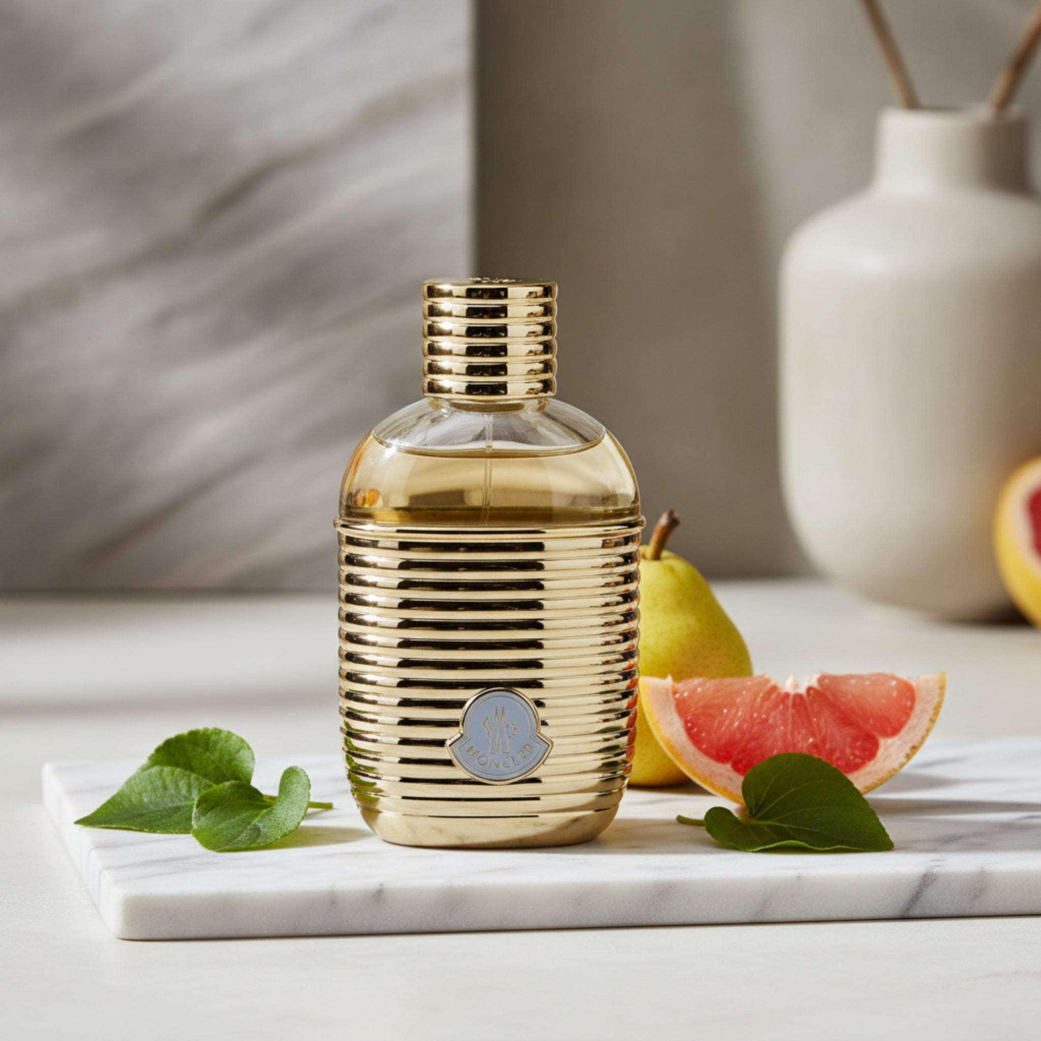 Perfume bottle with a textured design on a white background