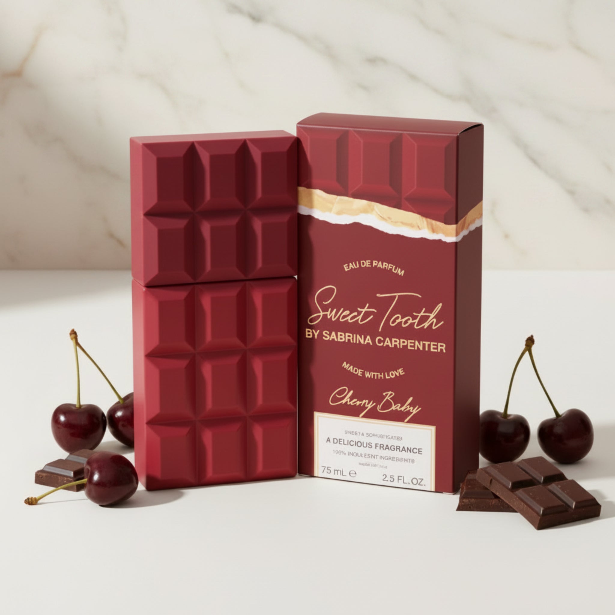 Red chocolate bar-shaped perfume packaging with 'Sweet Tooth by Sabrina Carpenter' branding.