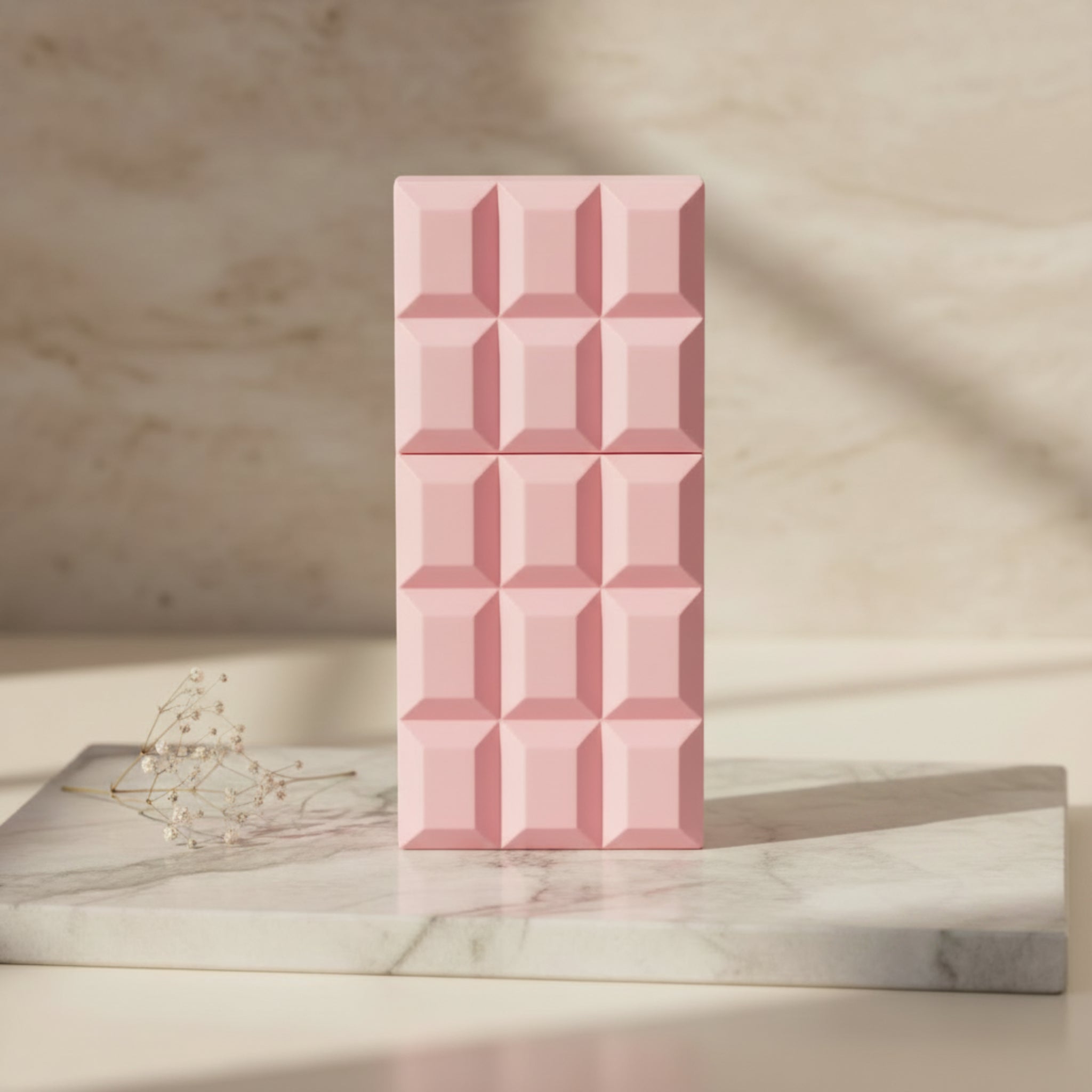 Pink perfume bottle with geometric pattern on a white background