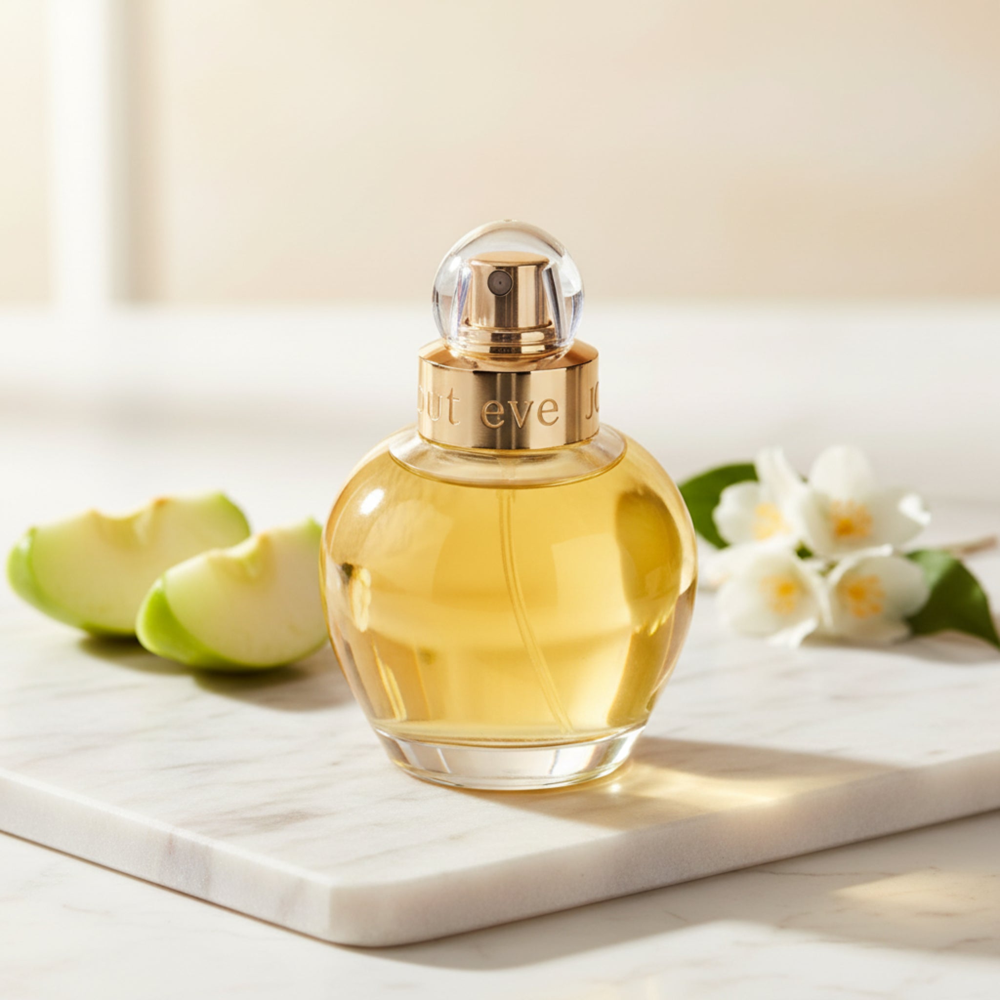Perfume bottle with gold cap on a white background