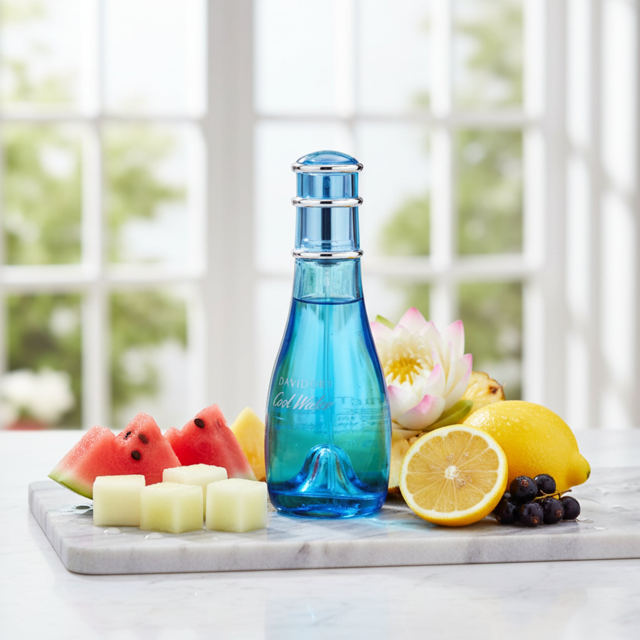 Blue glass bottle with a silver cap on a white background