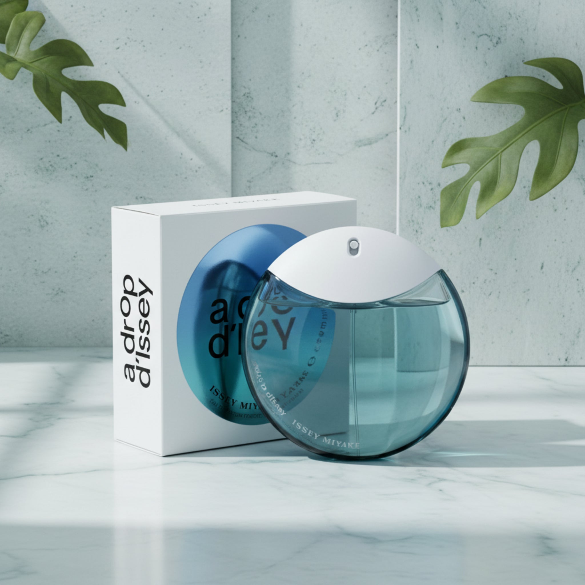 Perfume bottle and packaging of 'a drop d'Issey' by Issey Miyake on a white background