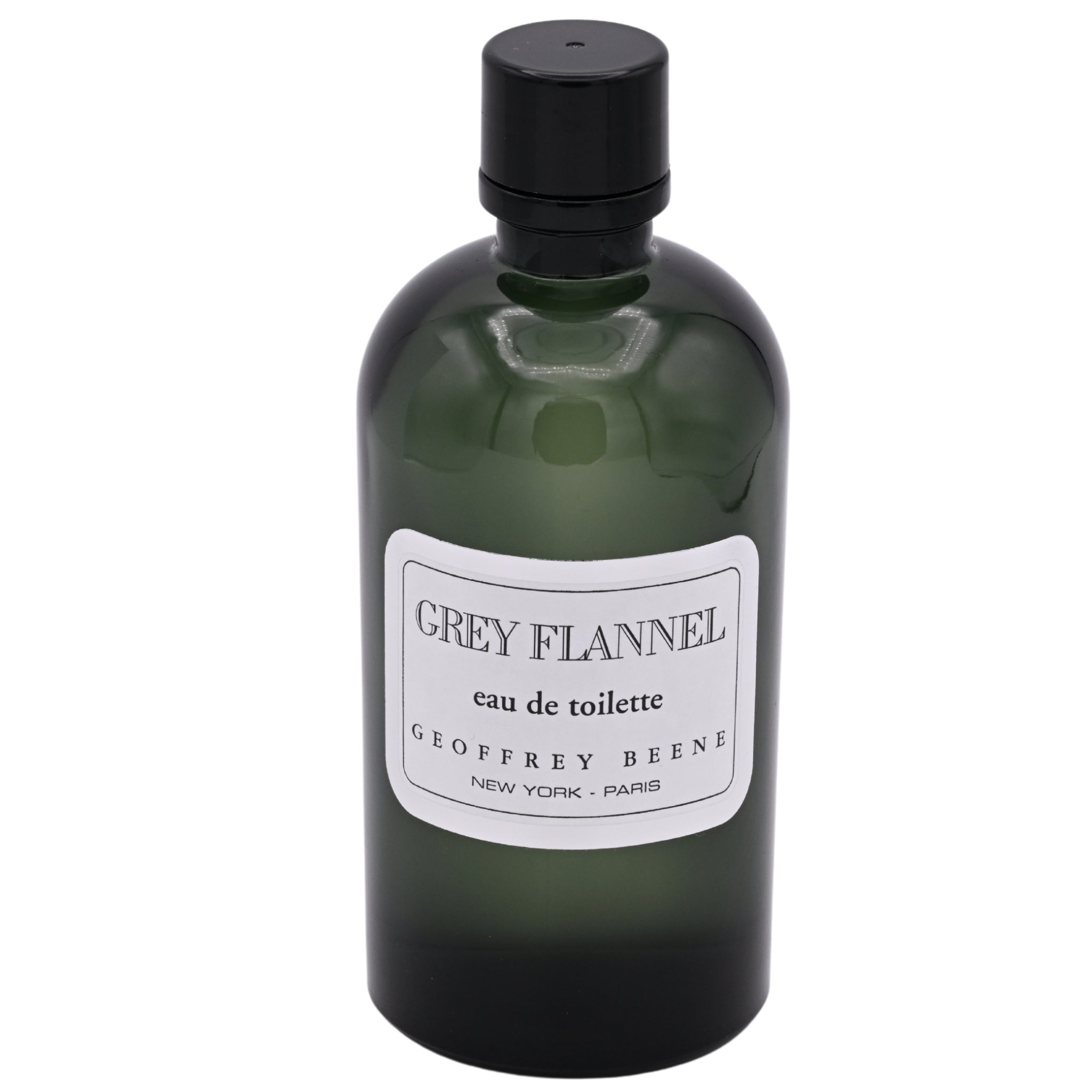 Green bottle of Grey Flannel eau de toilette by Geoffrey Beene on a white background