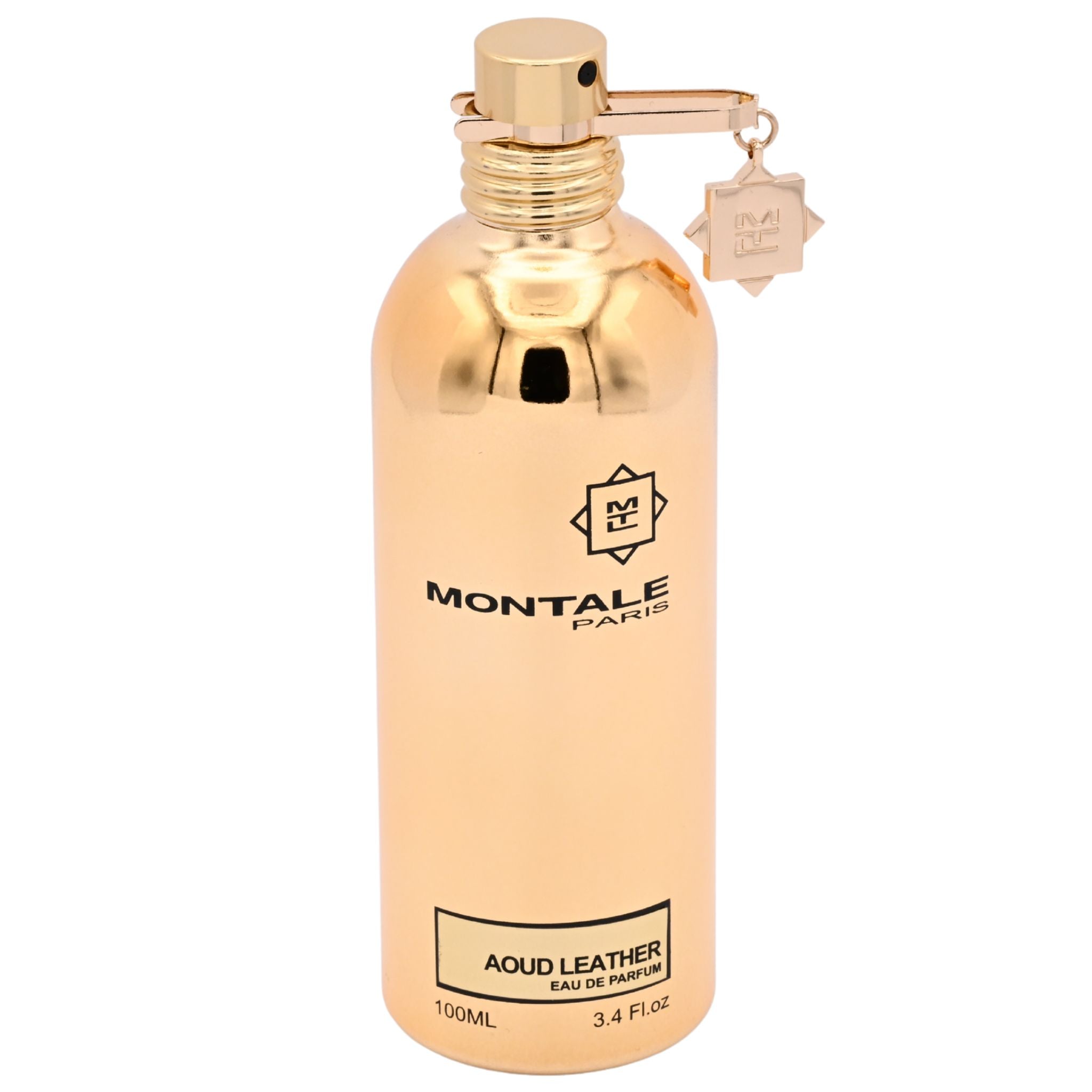 Gold perfume bottle with Montale Paris logo on a white background