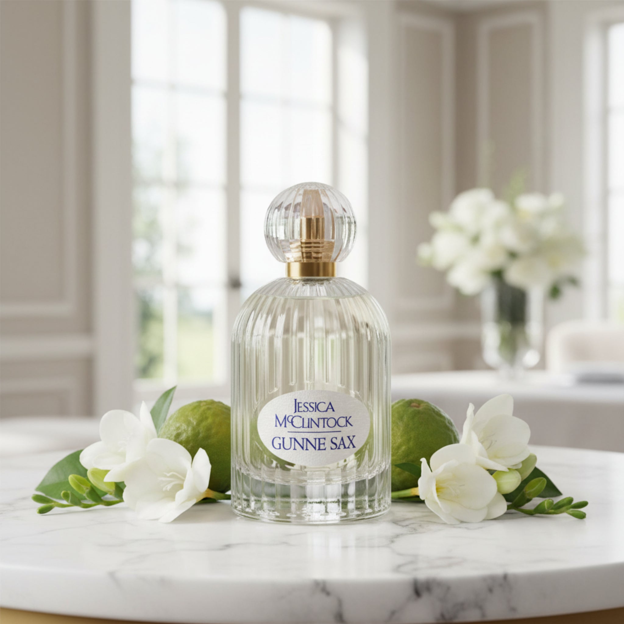 Perfume bottle labeled 'Jessica McClintock Gunne Sax' on a white background