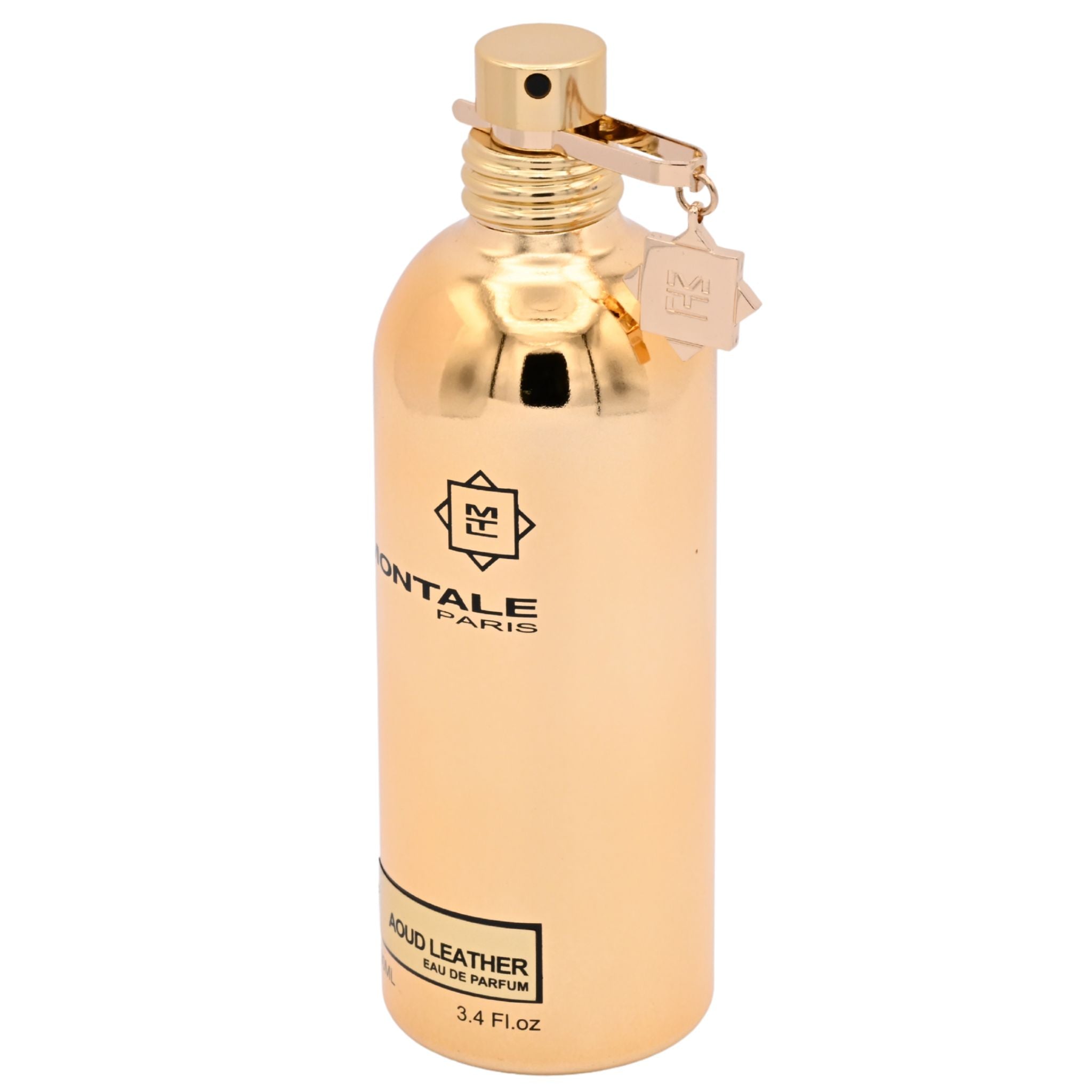 Gold perfume bottle with Montale Paris branding on a white background