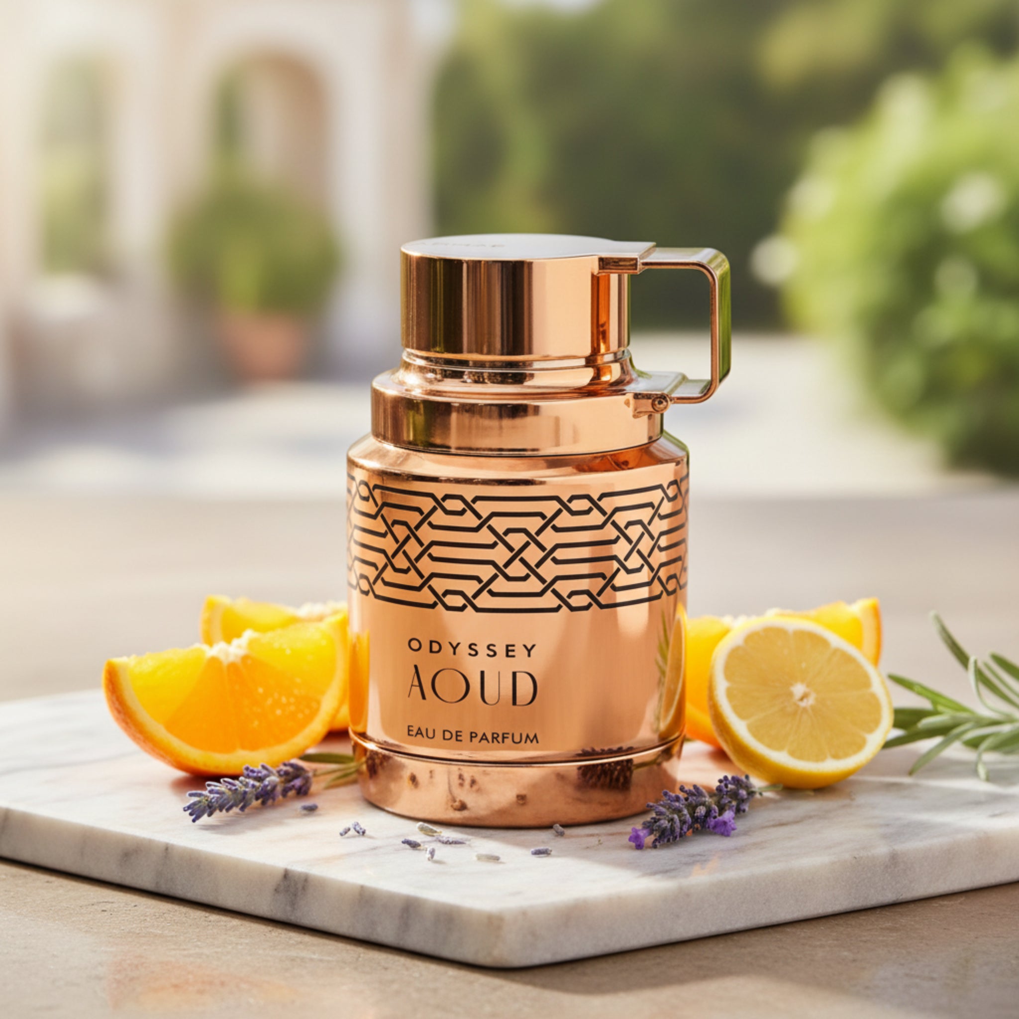 Copper-colored 'Odyssey Aoud' eau de parfum bottle on a white background