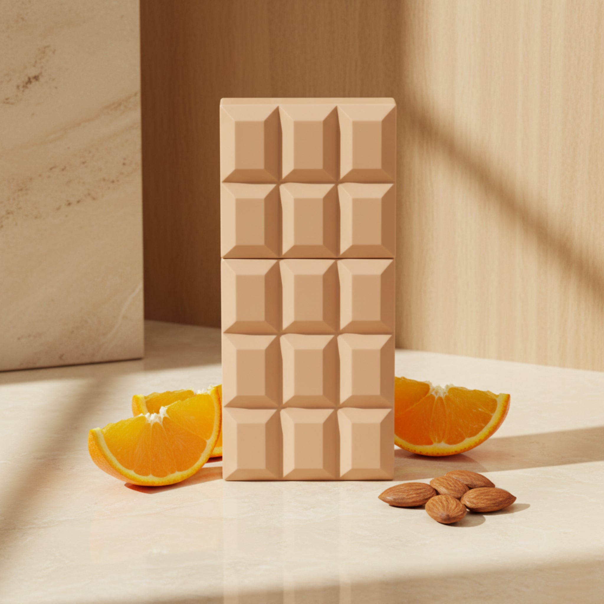 Rectangular chocolate bar shaped perfume bottle with a geometric pattern on a white background
