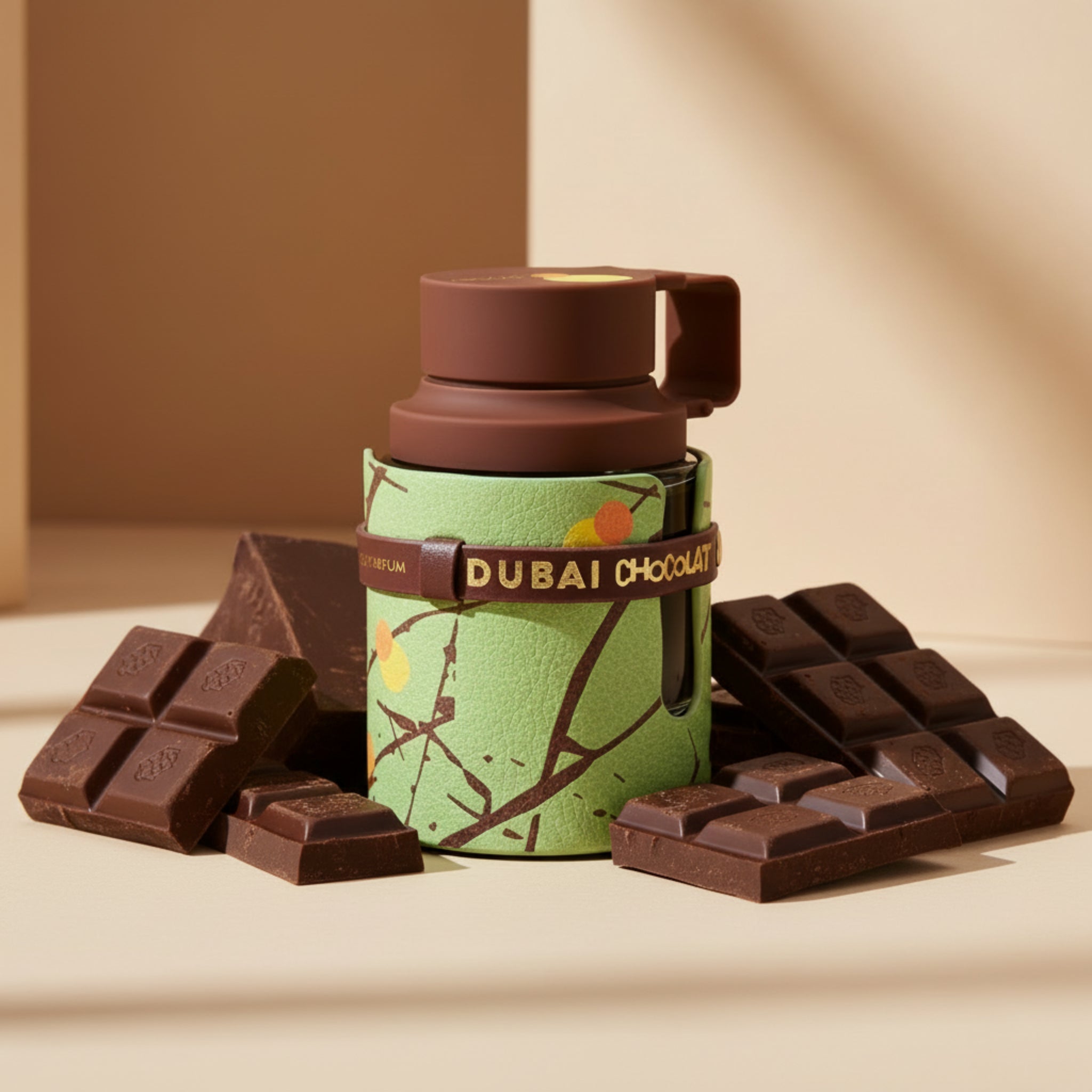 Green container with a brown lid featuring 'Dubai Chocolatier' branding on a white background