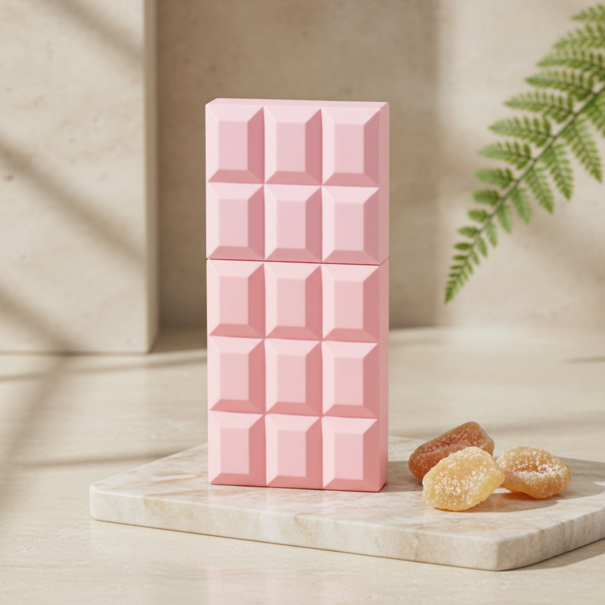 Pink perfume bottle with geometric pattern on a white background